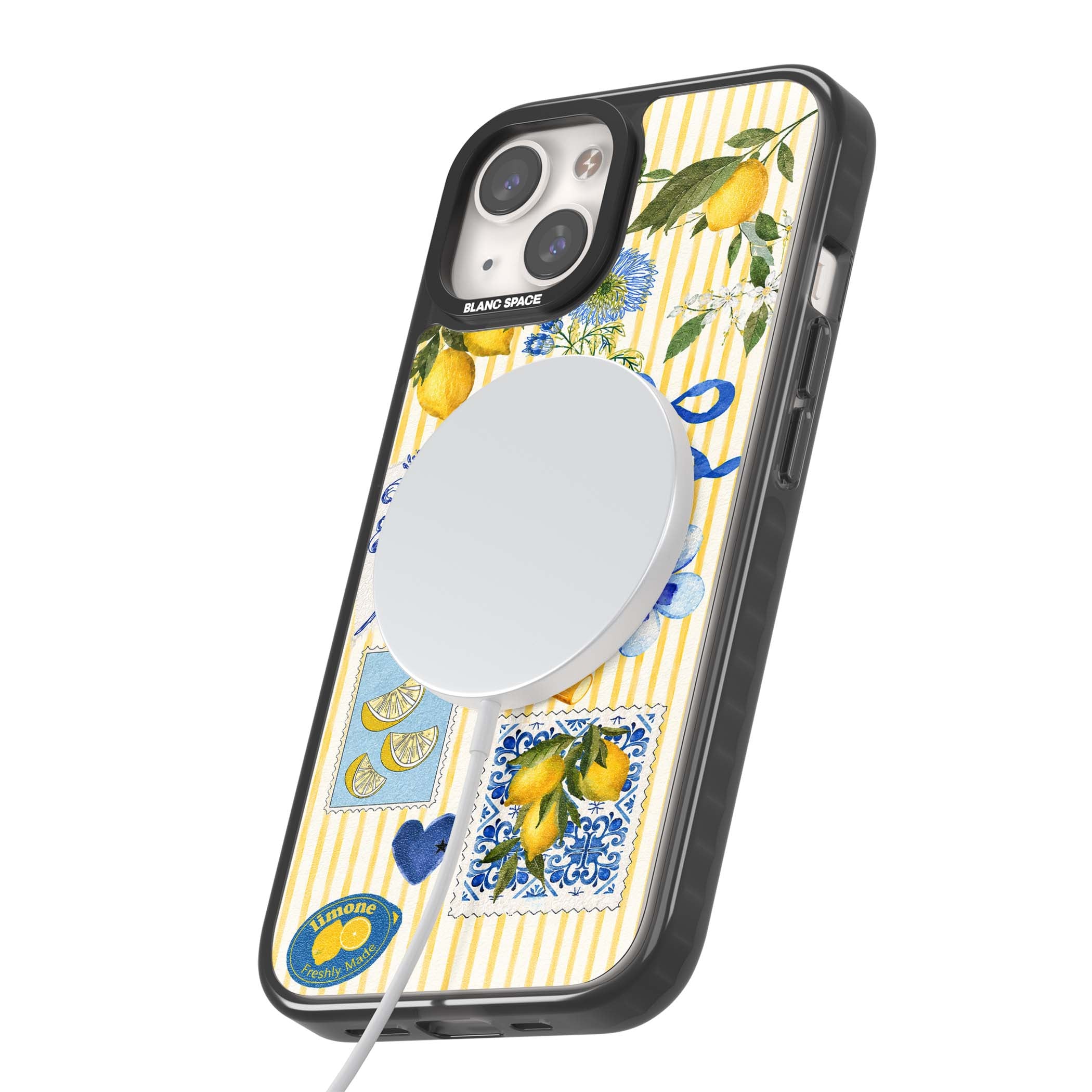 Limone Riviera Italian summer iPhone case featuring watercolour lemons, blue ribbon bows and majolica tile stamps on... | Black Impact Magsafe case for iPhone 13, iPhone 14, iPhone 15
