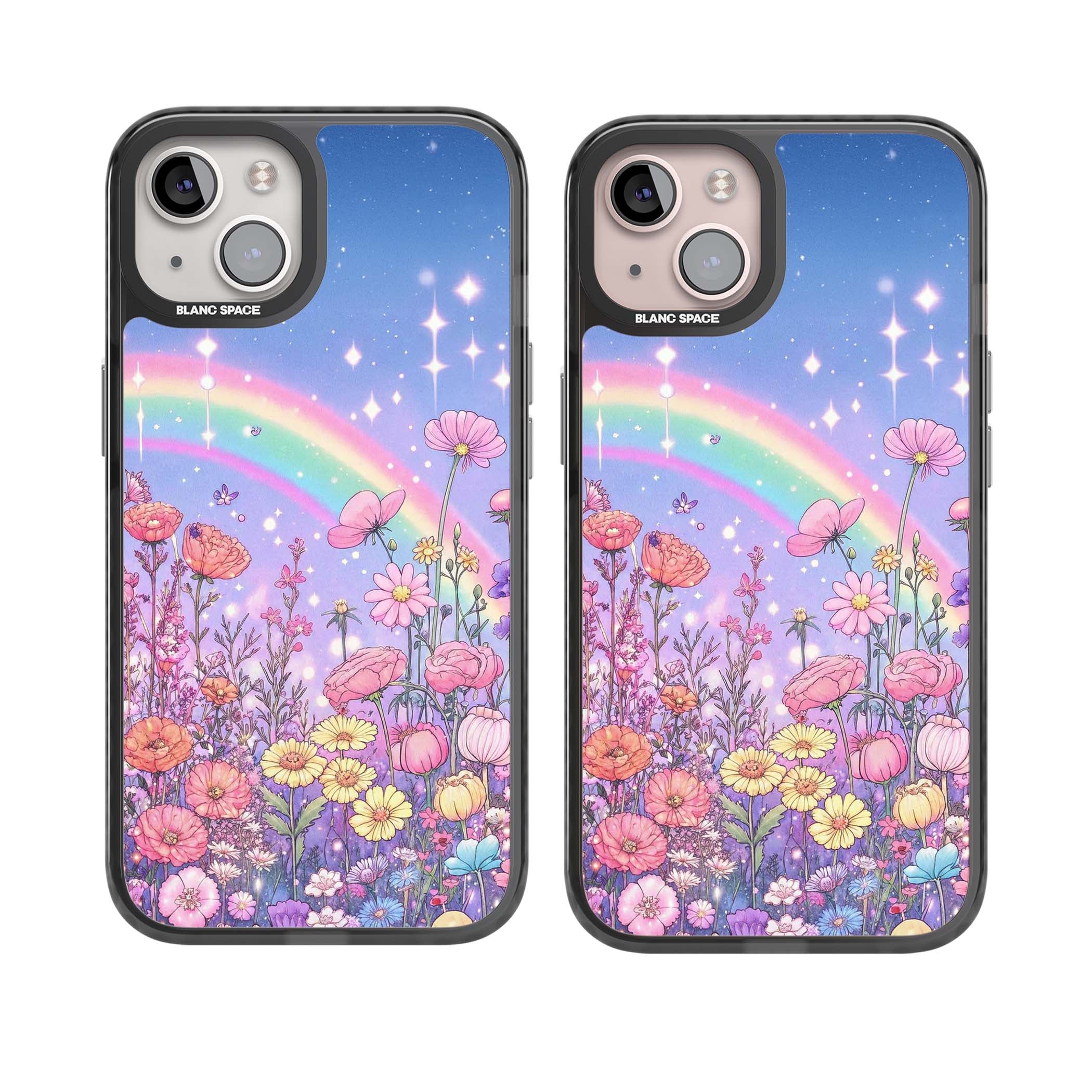 Magical Meadow fairycore iPhone case featuring a pastel rainbow, sparkling stars and a wildflower meadow | Black Impact Magsafe case for iPhone 13, iPhone 14, iPhone 15