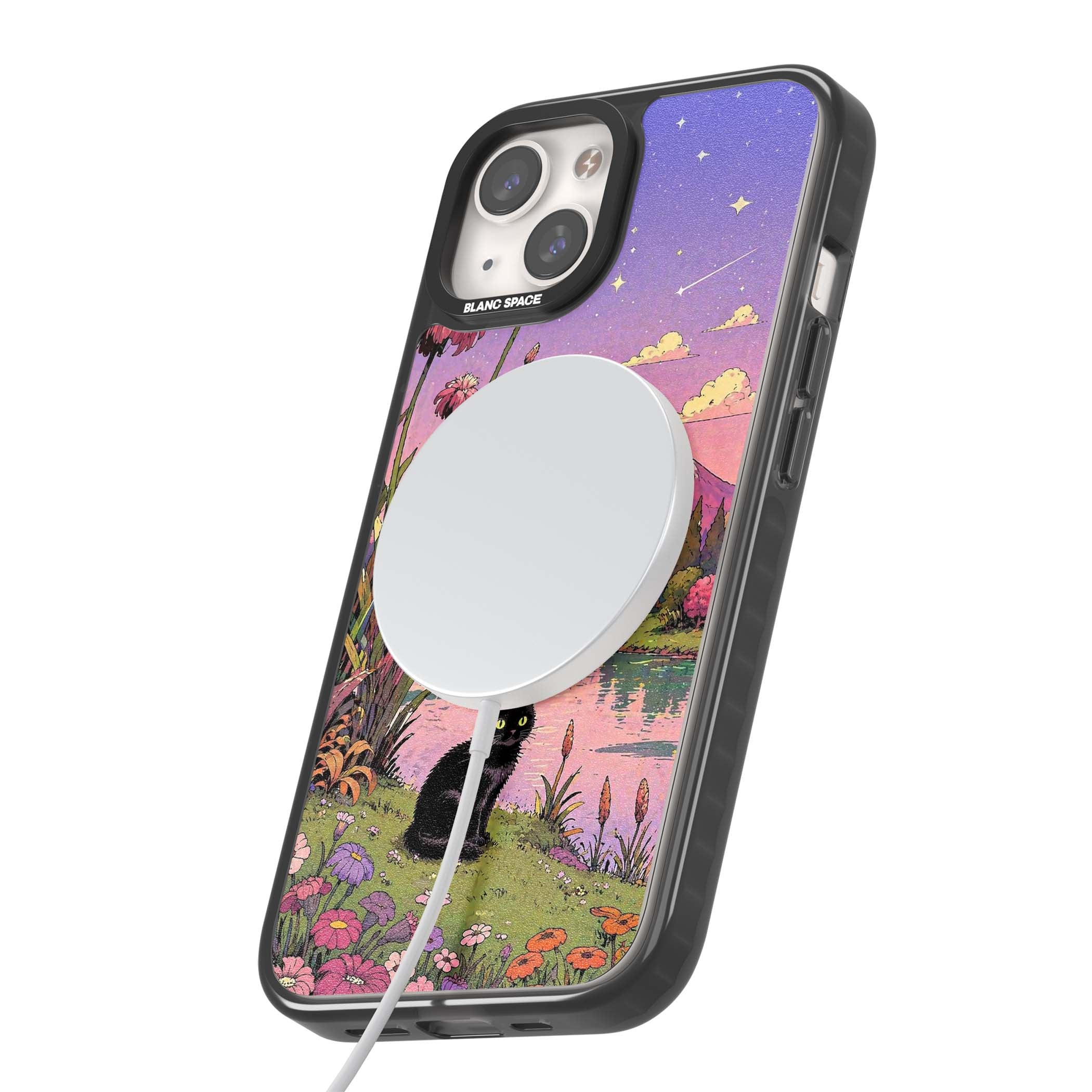 Mystic Whiskers ghibli iPhone case featuring a black cat by a pastel lake, wildflowers and a starry sunset sky | Black Impact Magsafe case for iPhone 13, iPhone 14, iPhone 15