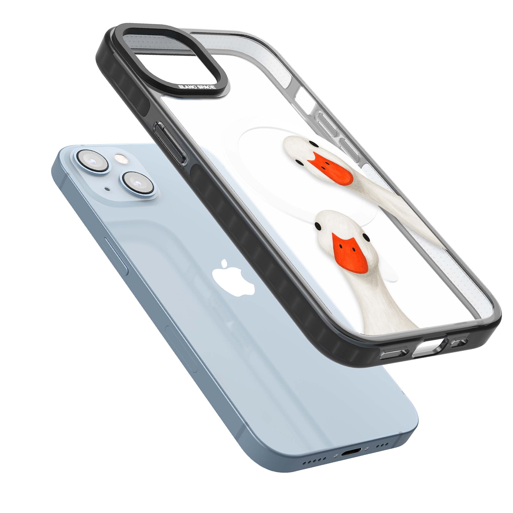 Nosy Ducks cottagecore iPhone case featuring two peeking white ducks with orange beaks on a clear background | Black Impact Magsafe case for iPhone 13, iPhone 14, iPhone 15