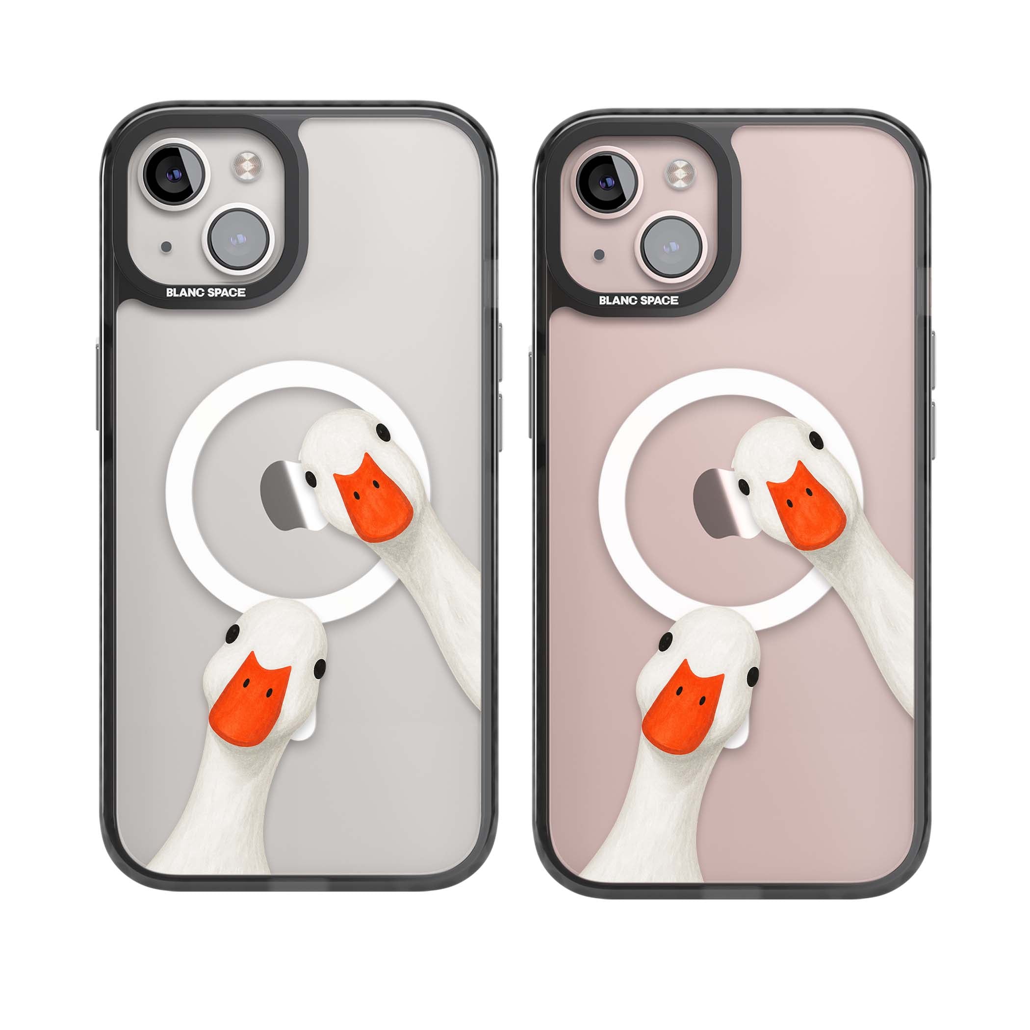 Nosy Ducks cottagecore iPhone case featuring two peeking white ducks with orange beaks on a clear background | Black Impact Magsafe case for iPhone 13, iPhone 14, iPhone 15