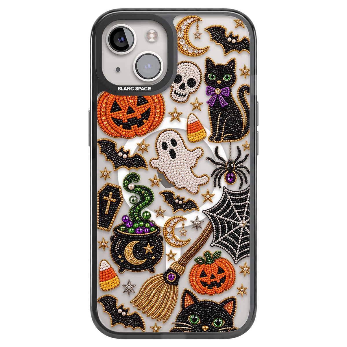 Beaded Halloween Halloween iPhone case featuring beaded pumpkins, ghosts, black cats and bats | Black Impact Magsafe case for iPhone 13, iPhone 14, iPhone 15
