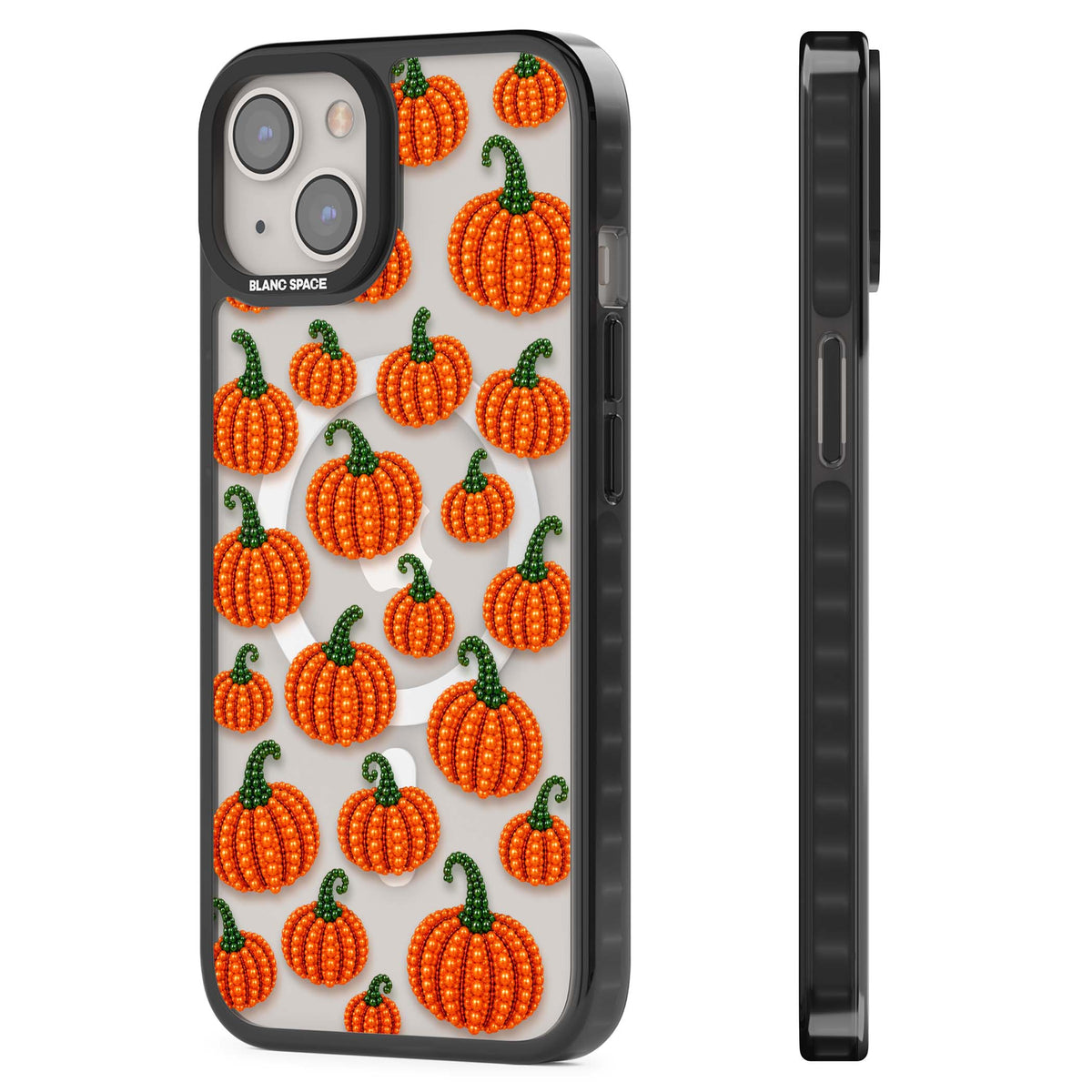 Beaded Pumpkins halloween iPhone case featuring beaded orange pumpkins with green stems on a clear background | Black Impact Magsafe case for iPhone 13, iPhone 14, iPhone 15