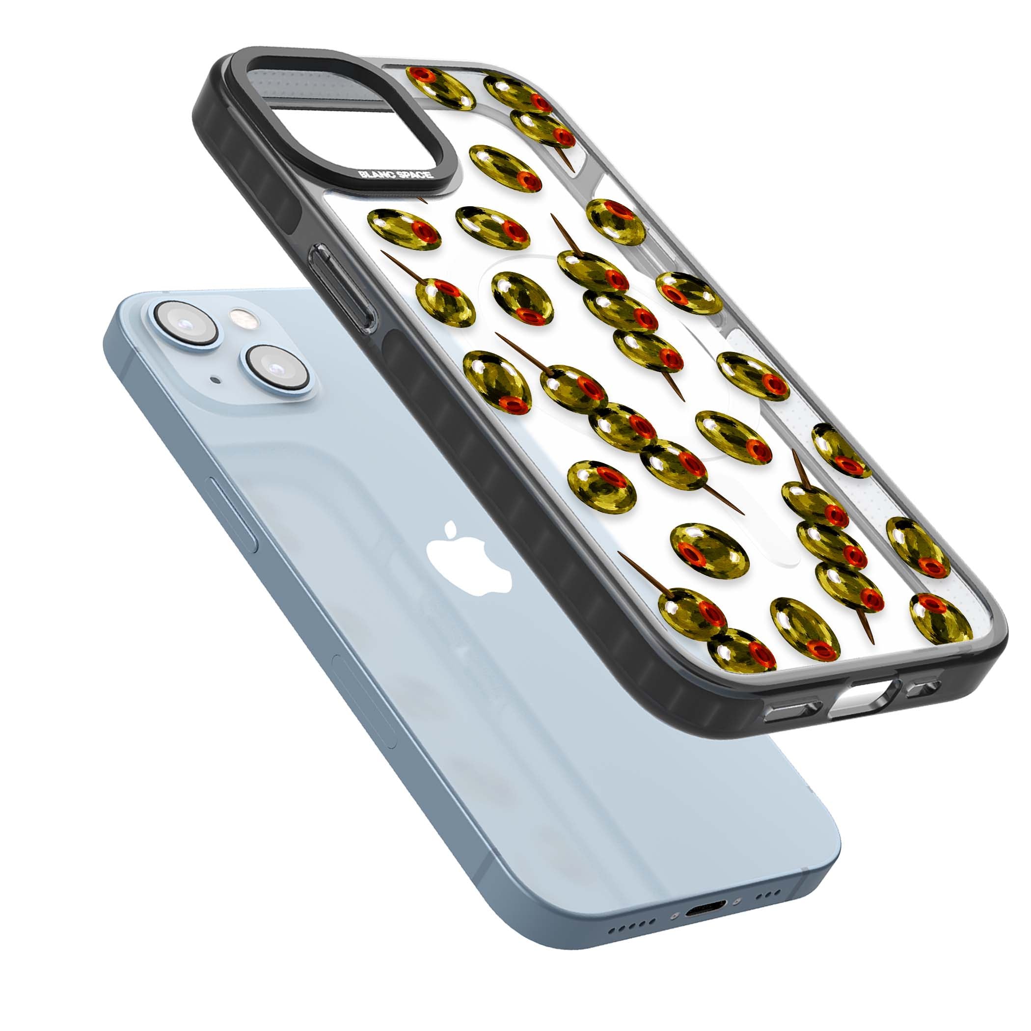 Painted Olives cocktail iPhone case featuring green olives, pimento centres and toothpick skewers on a clear background | Black Impact Magsafe case for iPhone 13, iPhone 14, iPhone 15