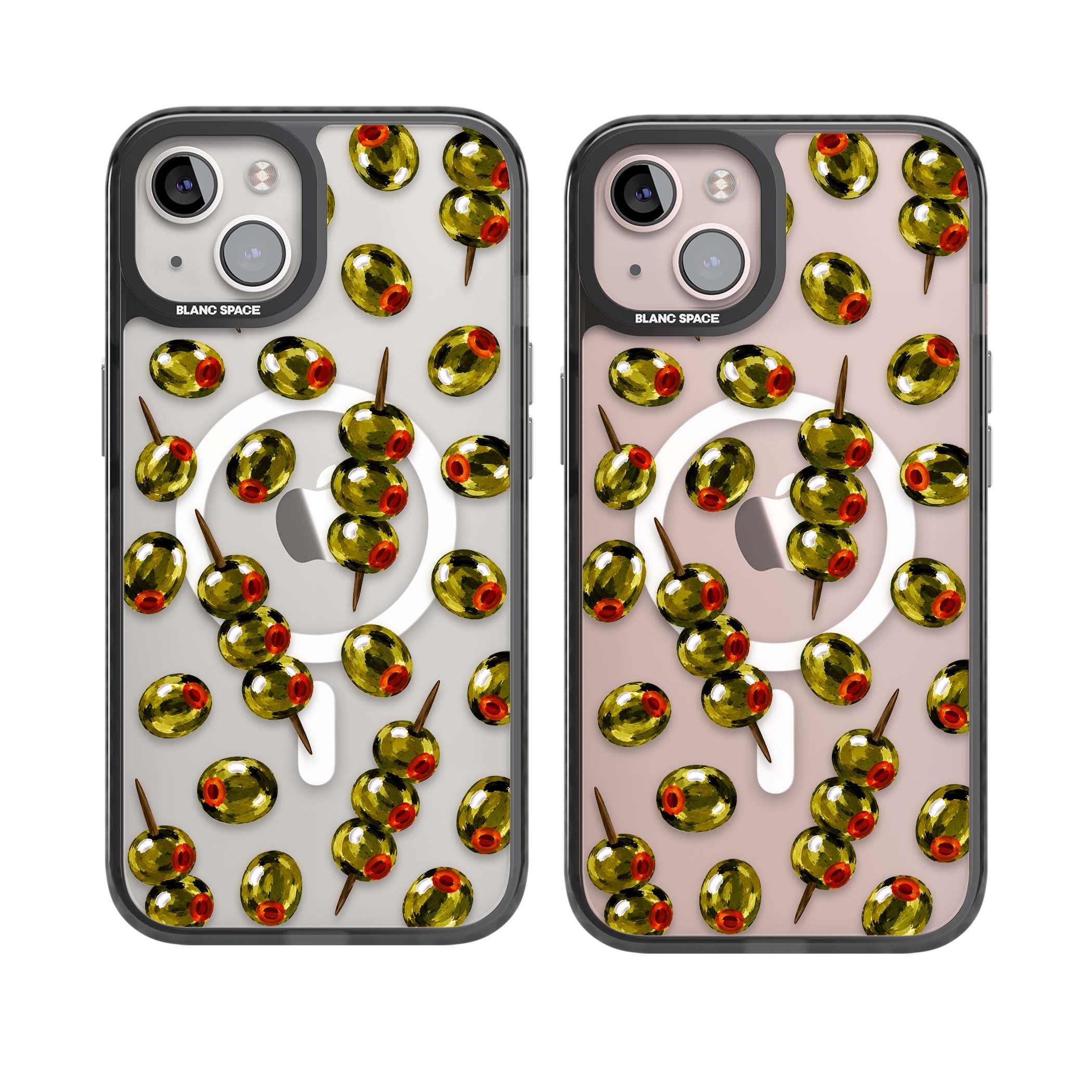 Painted Olives cocktail iPhone case featuring green olives, pimento centres and toothpick skewers on a clear background | Black Impact Magsafe case for iPhone 13, iPhone 14, iPhone 15