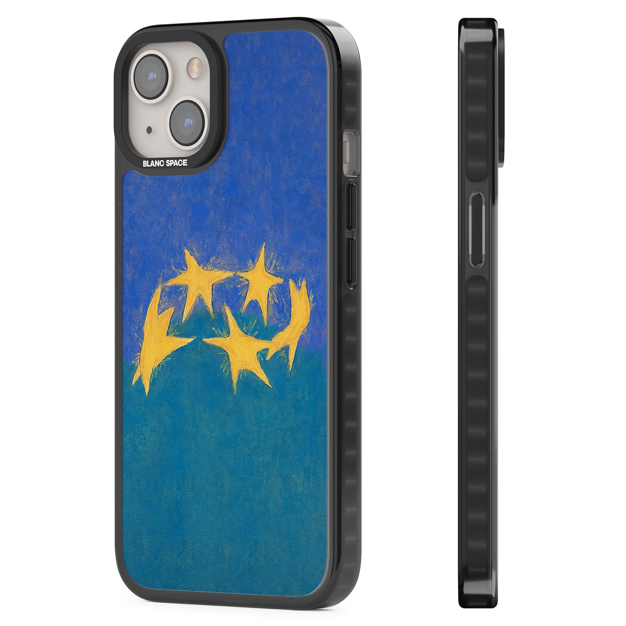 Star Boogie stars aesthetic iPhone case featuring five yellow hand-painted stars on cobalt blue and teal | Black Impact Magsafe case for iPhone 13, iPhone 14, iPhone 15