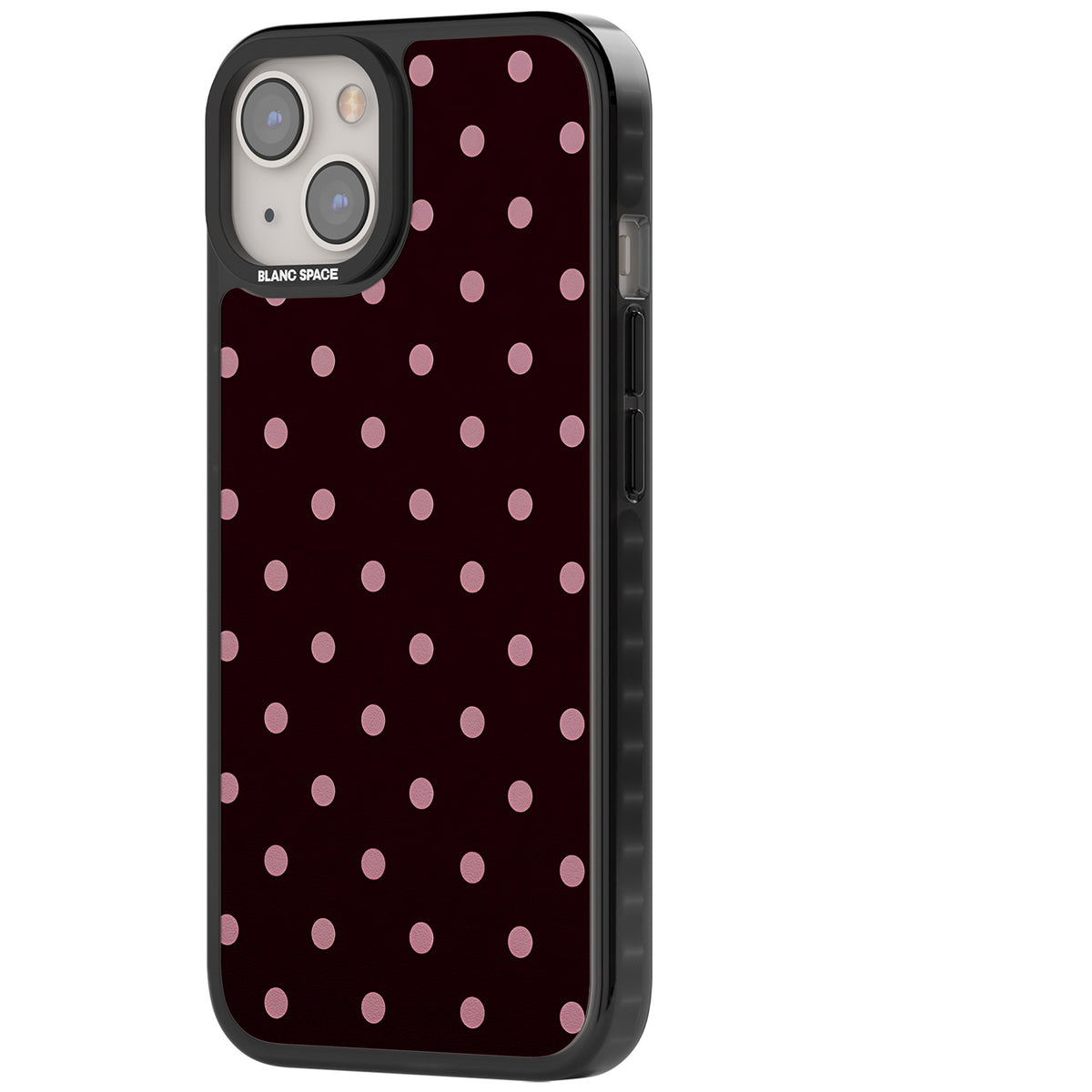 Merlot Dots polka dot iPhone case featuring dusty pink spots on a deep burgundy background in a retro grid iPhone 12 / 12 Pro / iPhone 12 / iPhone 12 Pro / iPhone 13 / iPhone 14 / iPhone 14 Plus / iPhone 15 / iPhone 15 Plus Impact Pro Black Phone Case side