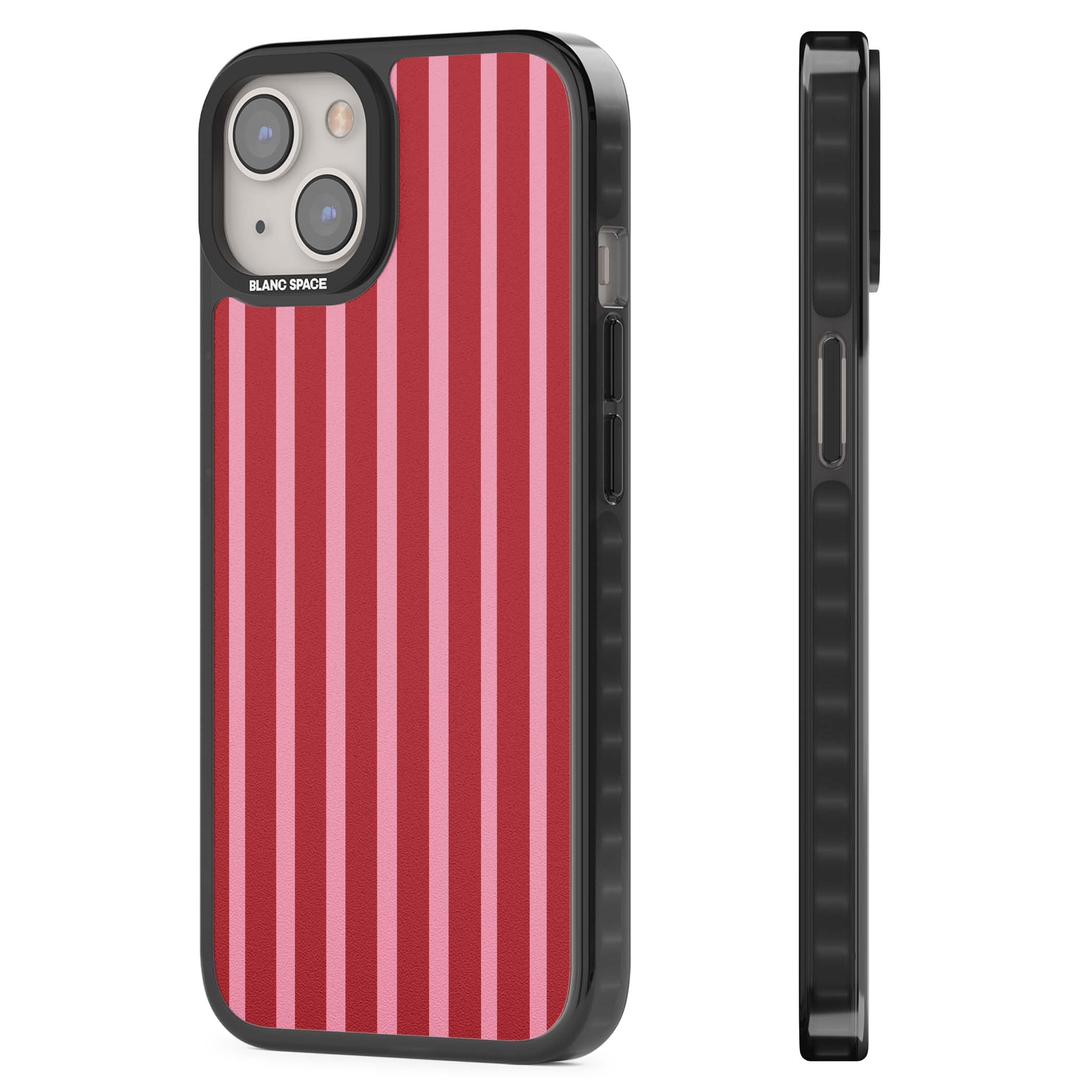 Raspberry Stripe coquette iPhone case featuring red and pink vertical stripes in a candy-inspired pattern | Black Impact Magsafe case for iPhone 13, iPhone 14, iPhone 15