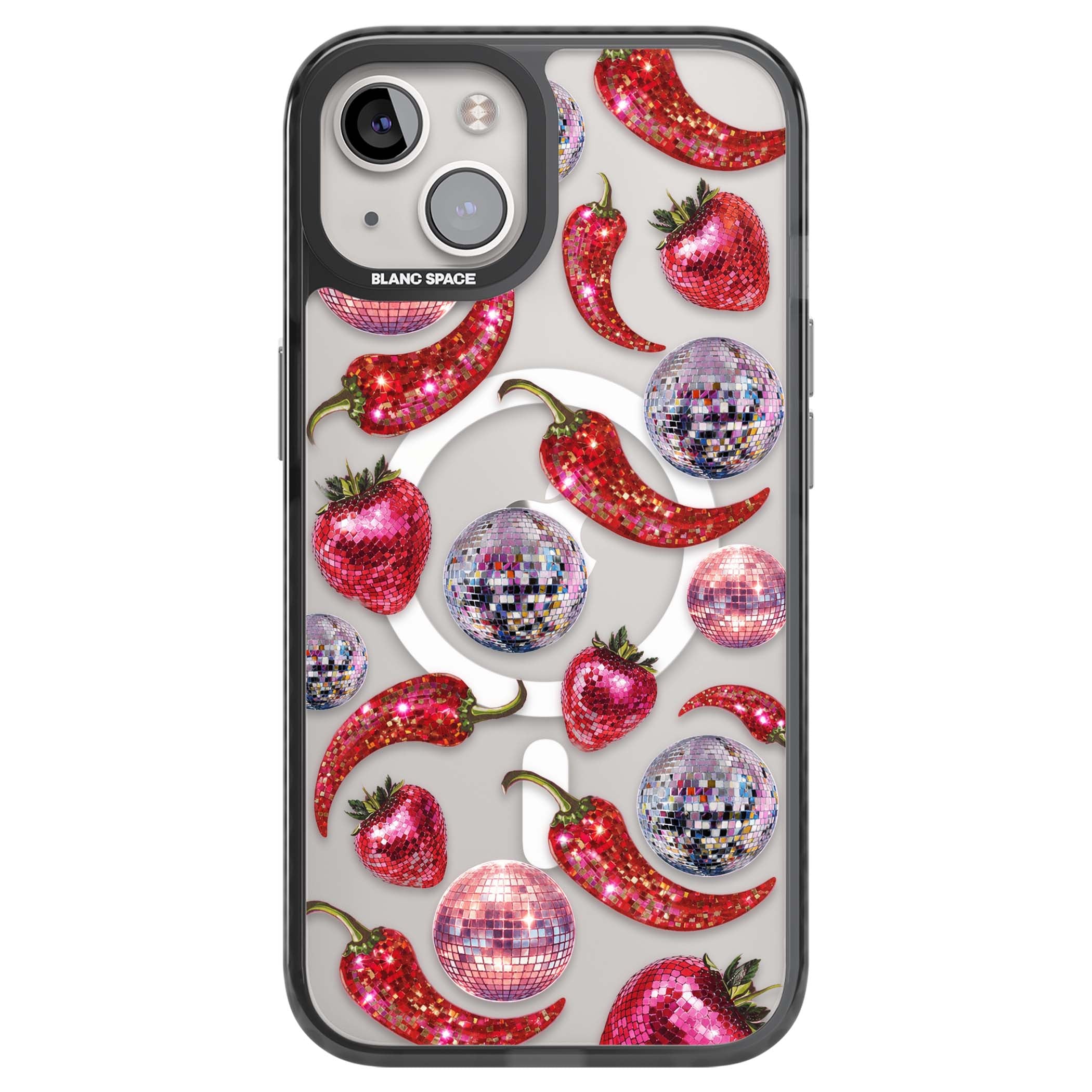 Spicy Disco Y2K iPhone case featuring glitter disco balls, sparkly strawberries and red chilli peppers | Black Impact Magsafe case for iPhone 13, iPhone 14, iPhone 15