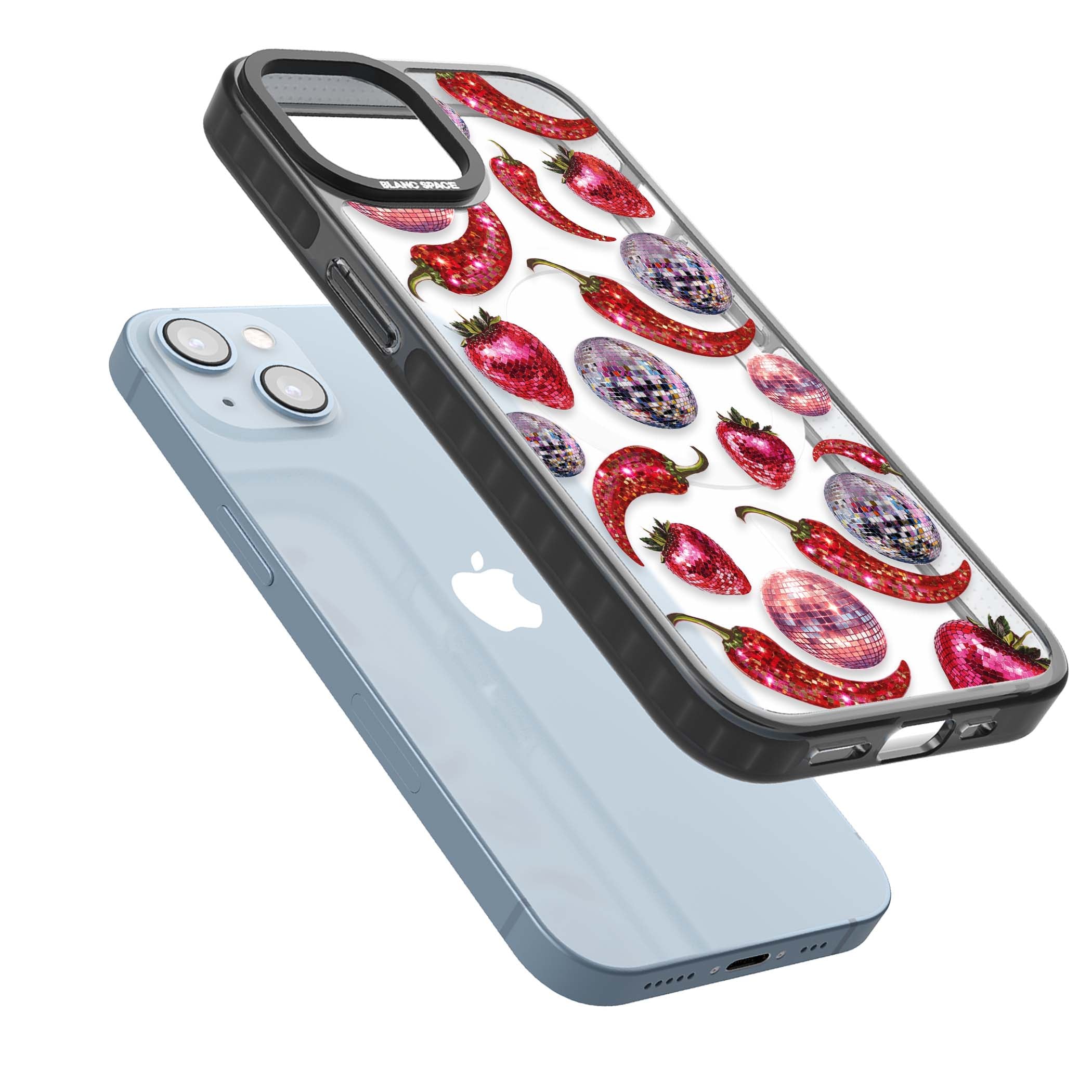Spicy Disco Y2K iPhone case featuring glitter disco balls, sparkly strawberries and red chilli peppers | Black Impact Magsafe case for iPhone 13, iPhone 14, iPhone 15