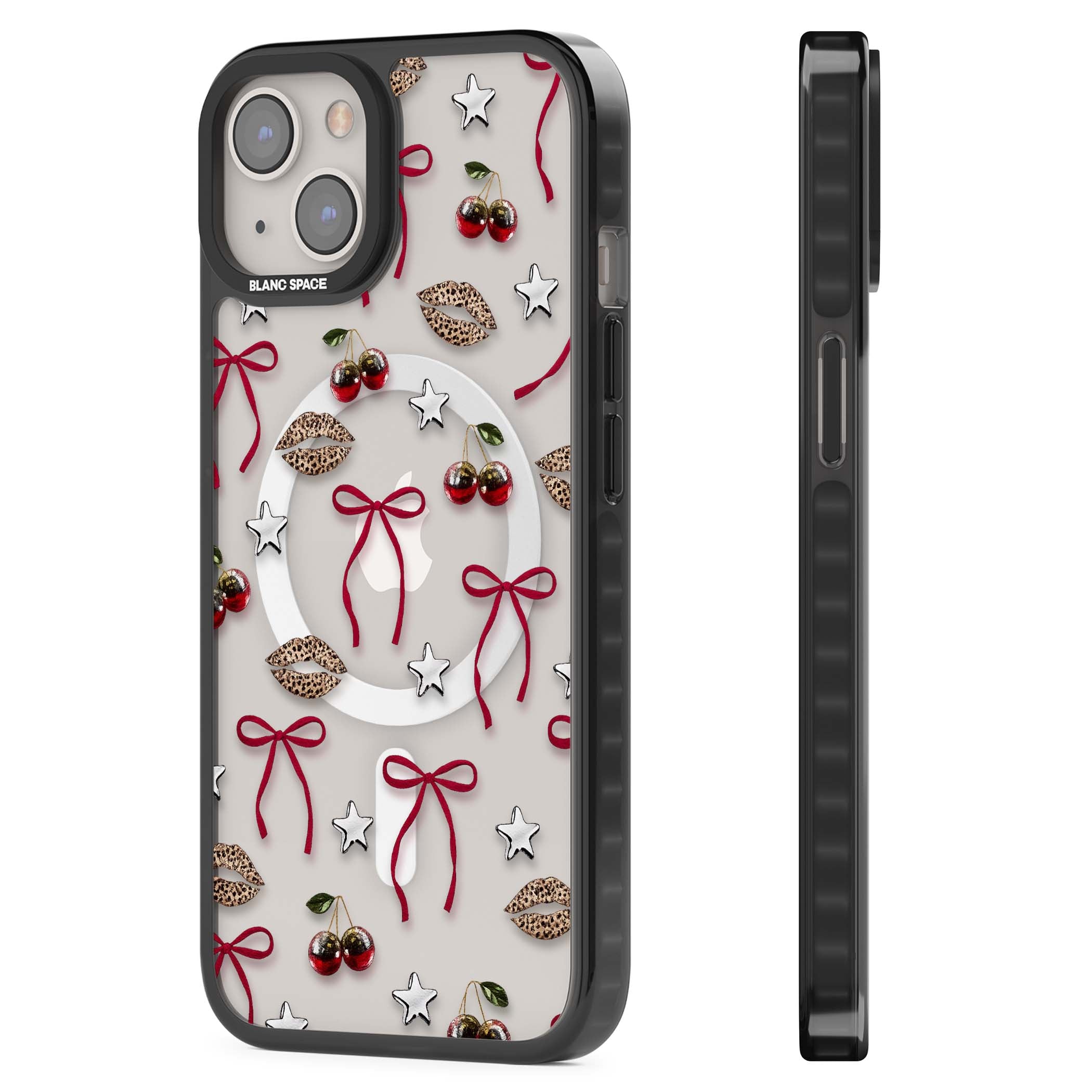 Starlet coquette iPhone case featuring red ribbon bows, disco cherries and leopard-print lips | Black Impact Magsafe case for iPhone 13, iPhone 14, iPhone 15