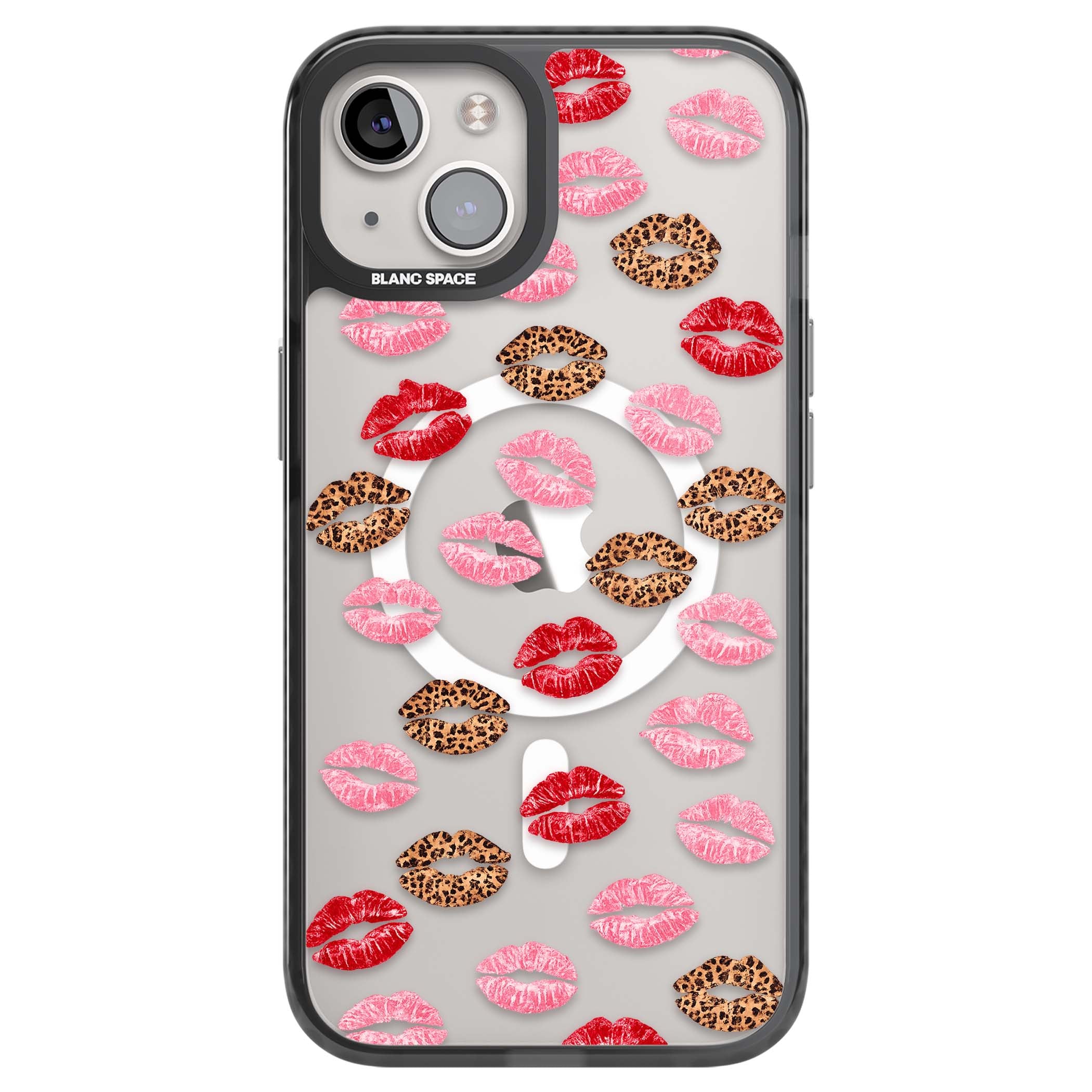 Wild Kisses coquette iPhone case featuring red, pink and leopard print lipstick kiss marks on a clear background | Black Impact Magsafe case for iPhone 13, iPhone 14, iPhone 15