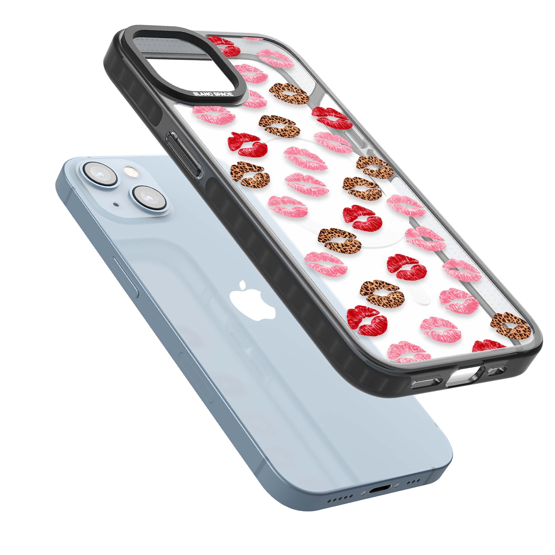 Wild Kisses coquette iPhone case featuring red, pink and leopard print lipstick kiss marks on a clear background | Black Impact Magsafe case for iPhone 13, iPhone 14, iPhone 15
