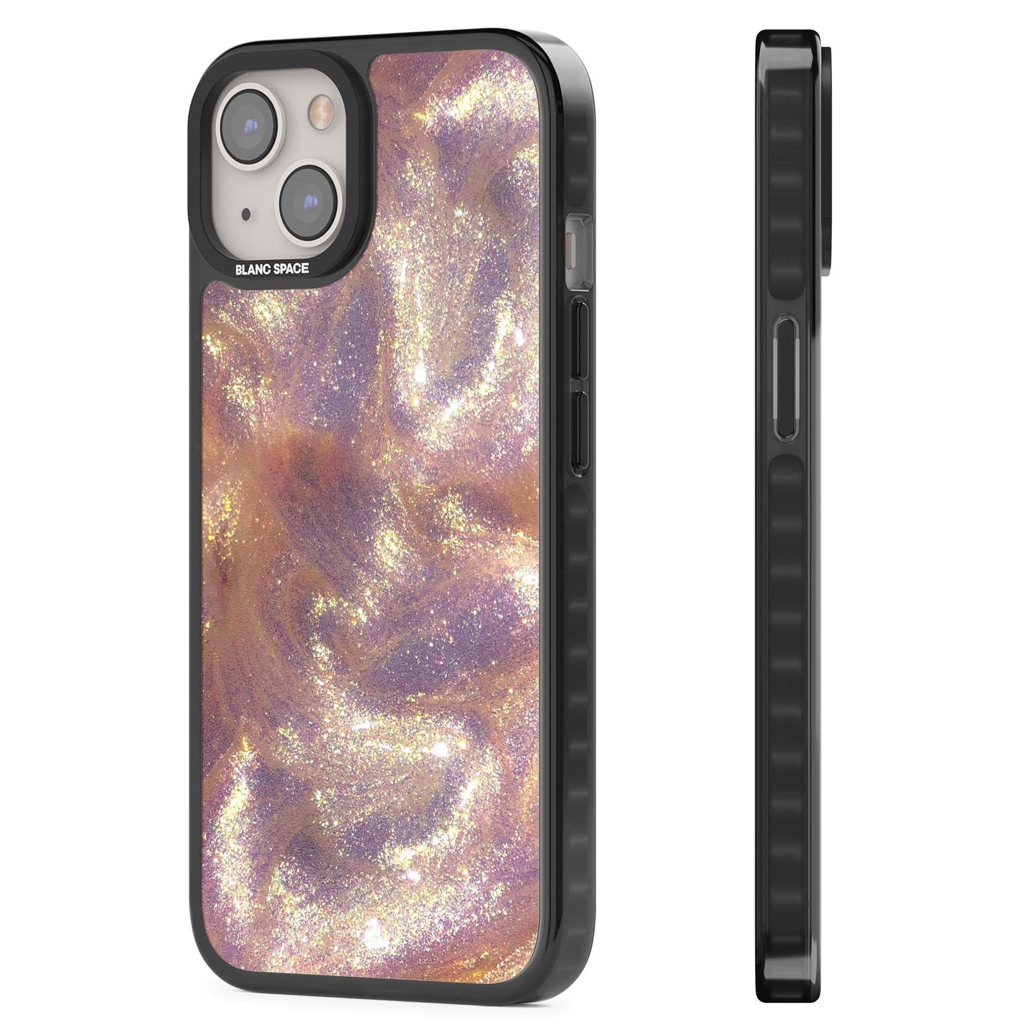 Shimmer marble iPhone case featuring rose gold glitter swirls, lilac shimmer and iridescent pearl finish | Black Impact Magsafe case for iPhone 13, iPhone 14, iPhone 15