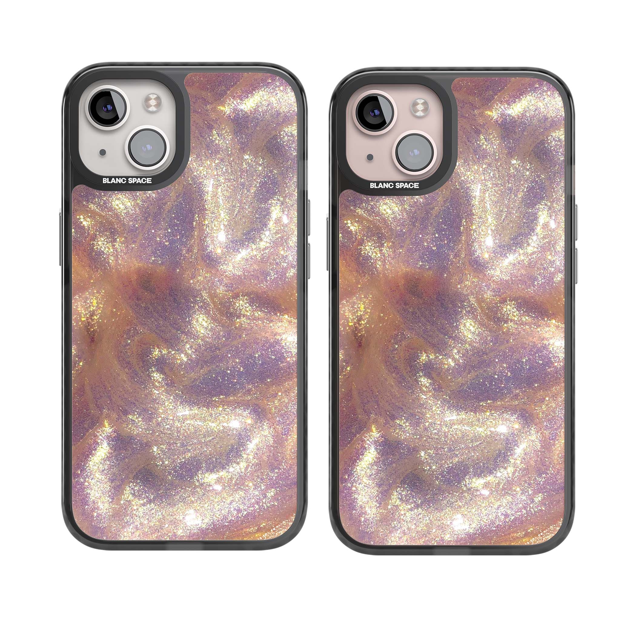 Shimmer marble iPhone case featuring rose gold glitter swirls, lilac shimmer and iridescent pearl finish | Black Impact Magsafe case for iPhone 13, iPhone 14, iPhone 15