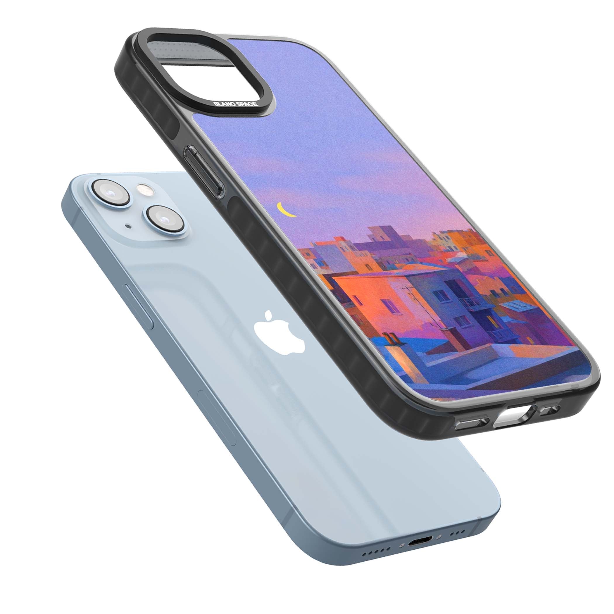 Twilight Rooftops vaporwave iPhone case featuring a pastel sunset cityscape, painted rooftops and a crescent moon. | Black Impact Magsafe case for iPhone 13, iPhone 14, iPhone 15