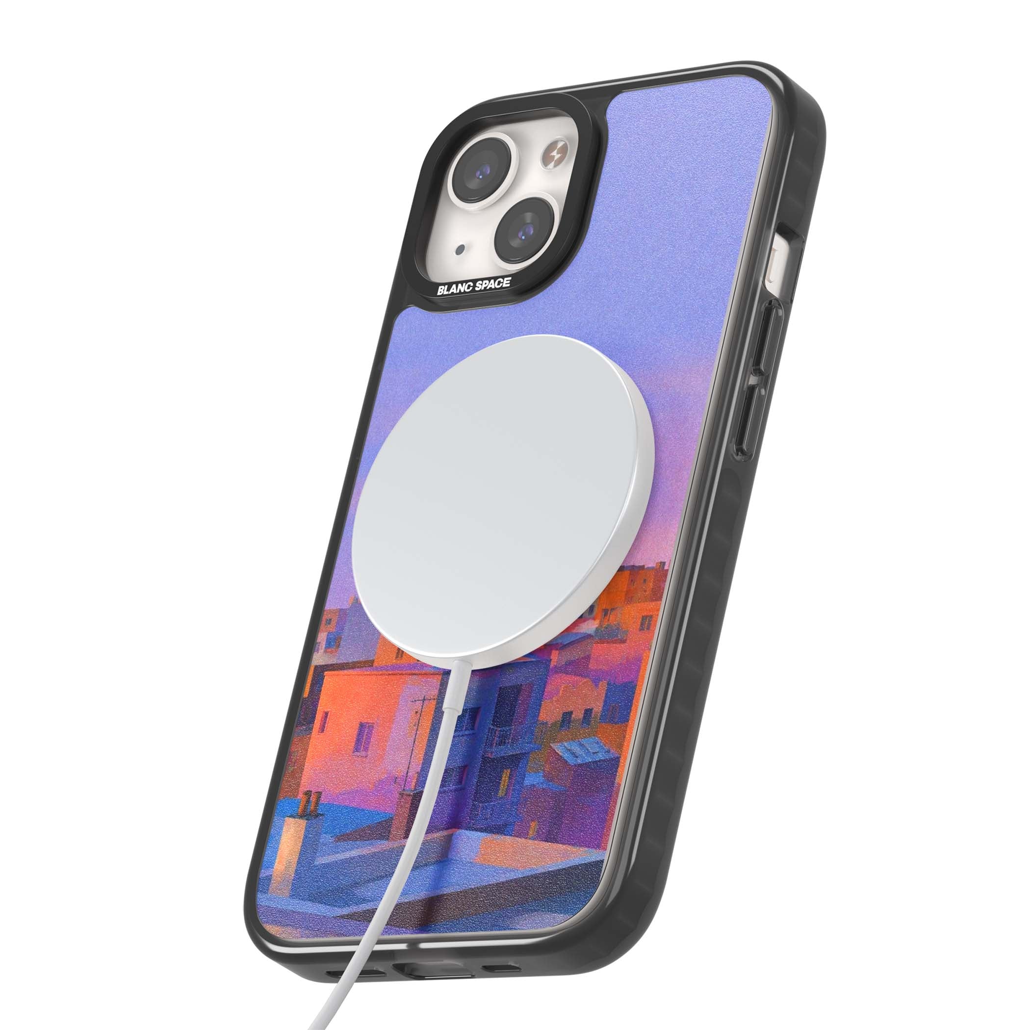 Twilight Rooftops vaporwave iPhone case featuring a pastel sunset cityscape, painted rooftops and a crescent moon. | Black Impact Magsafe case for iPhone 13, iPhone 14, iPhone 15