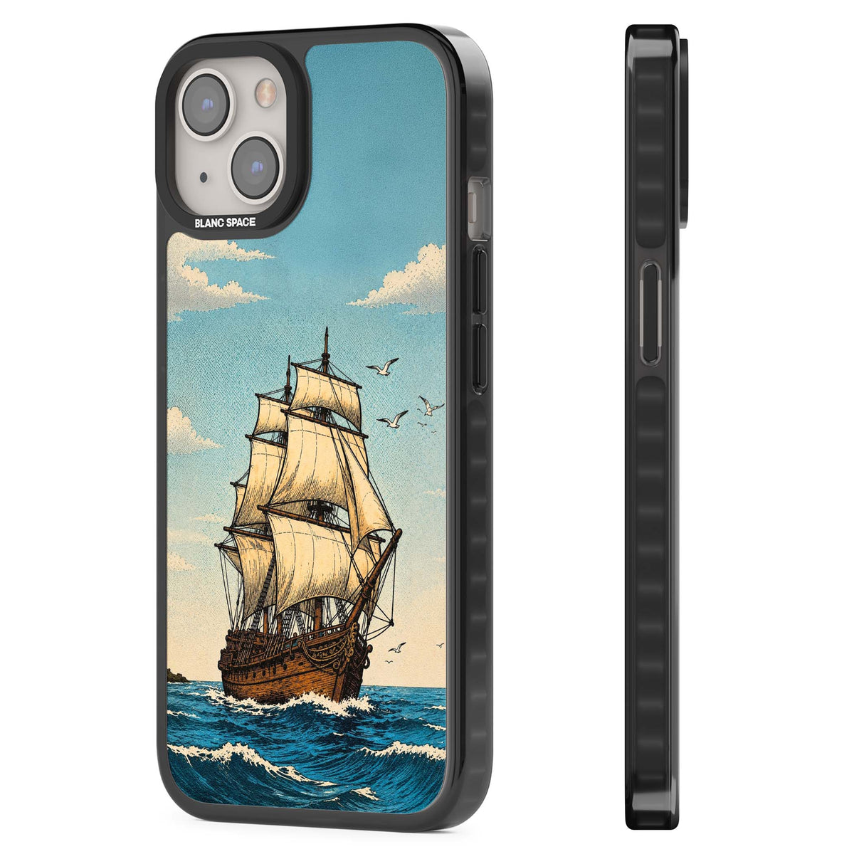 Ship at Sea nautical iPhone case featuring a vintage tall ship, ocean waves and seagulls | Black Impact Magsafe case for iPhone 13, iPhone 14, iPhone 15