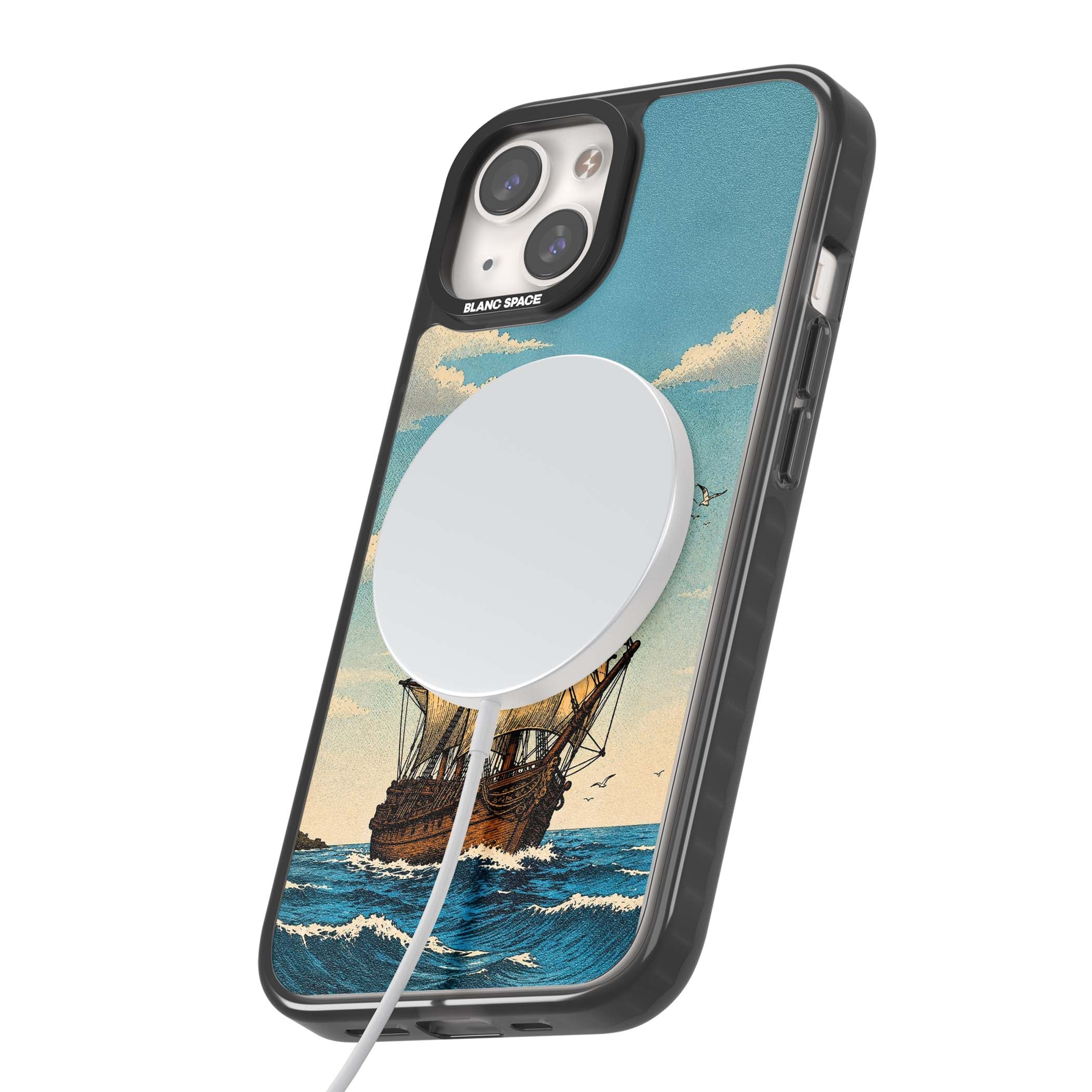 Ship at Sea nautical iPhone case featuring a vintage tall ship, ocean waves and seagulls | Black Impact Magsafe case for iPhone 13, iPhone 14, iPhone 15
