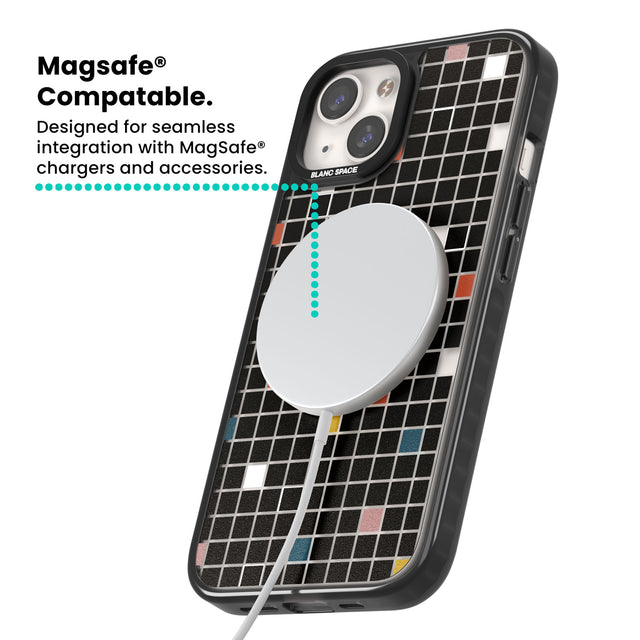 Earthtone Black Geometric Grid Magsafe Black Impact Phone Case for iPhone 13, iPhone 14, iPhone 15