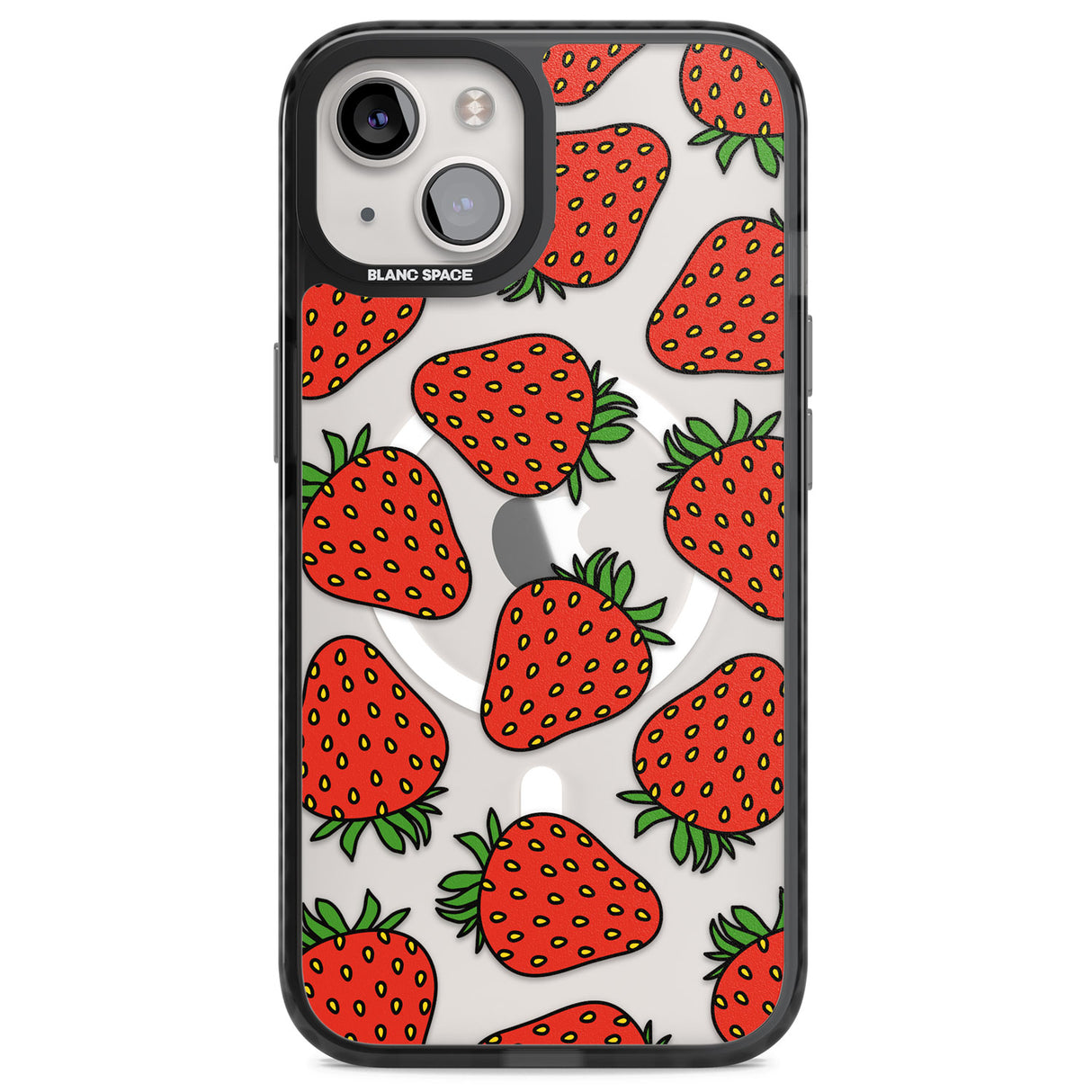 Strawberry Pattern Magsafe Black Impact Phone Case for iPhone 13, iPhone 14, iPhone 15
