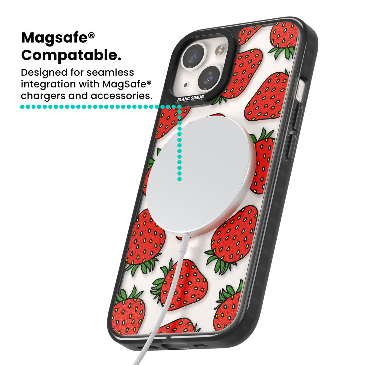 Strawberry Pattern Magsafe Black Impact Phone Case for iPhone 13, iPhone 14, iPhone 15