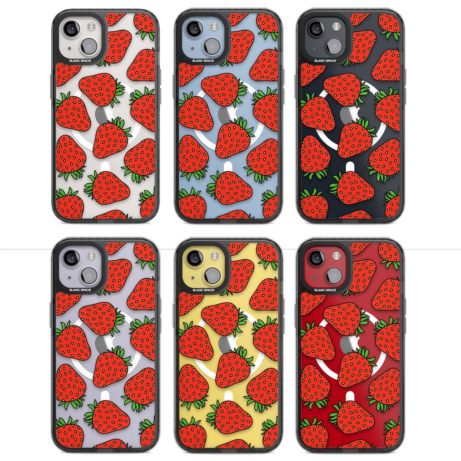 Strawberry Pattern Magsafe Black Impact Phone Case for iPhone 13, iPhone 14, iPhone 15