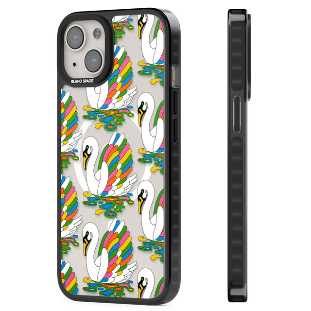 Colourful Swan Pattern Magsafe Black Impact Phone Case for iPhone 13, iPhone 14, iPhone 15