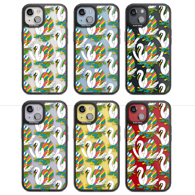 Colourful Swan Pattern Magsafe Black Impact Phone Case for iPhone 13, iPhone 14, iPhone 15