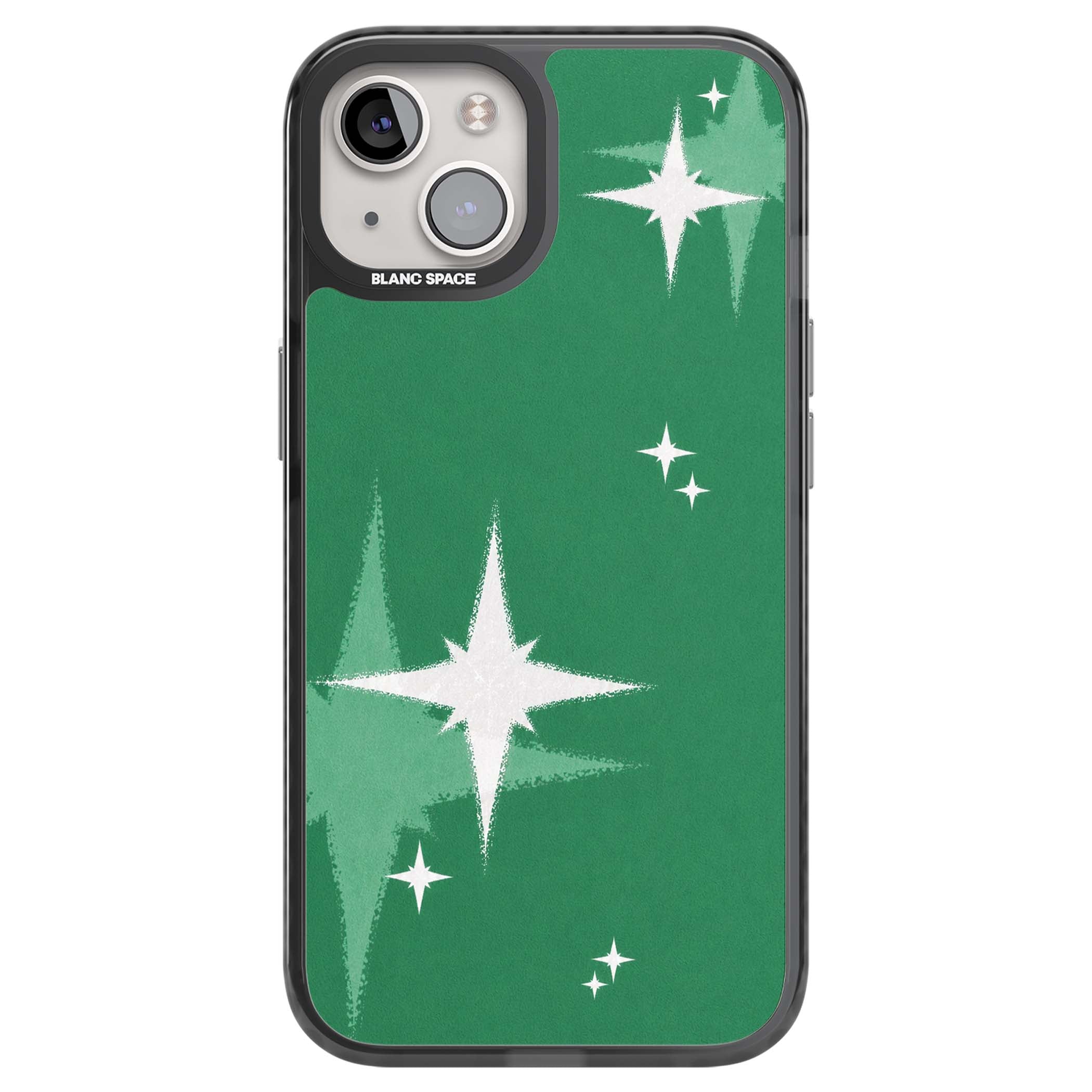 Green Sparkle celestial iPhone case featuring sparkling white four-point stars on a deep green background | Black Impact Magsafe case for iPhone 13, iPhone 14, iPhone 15