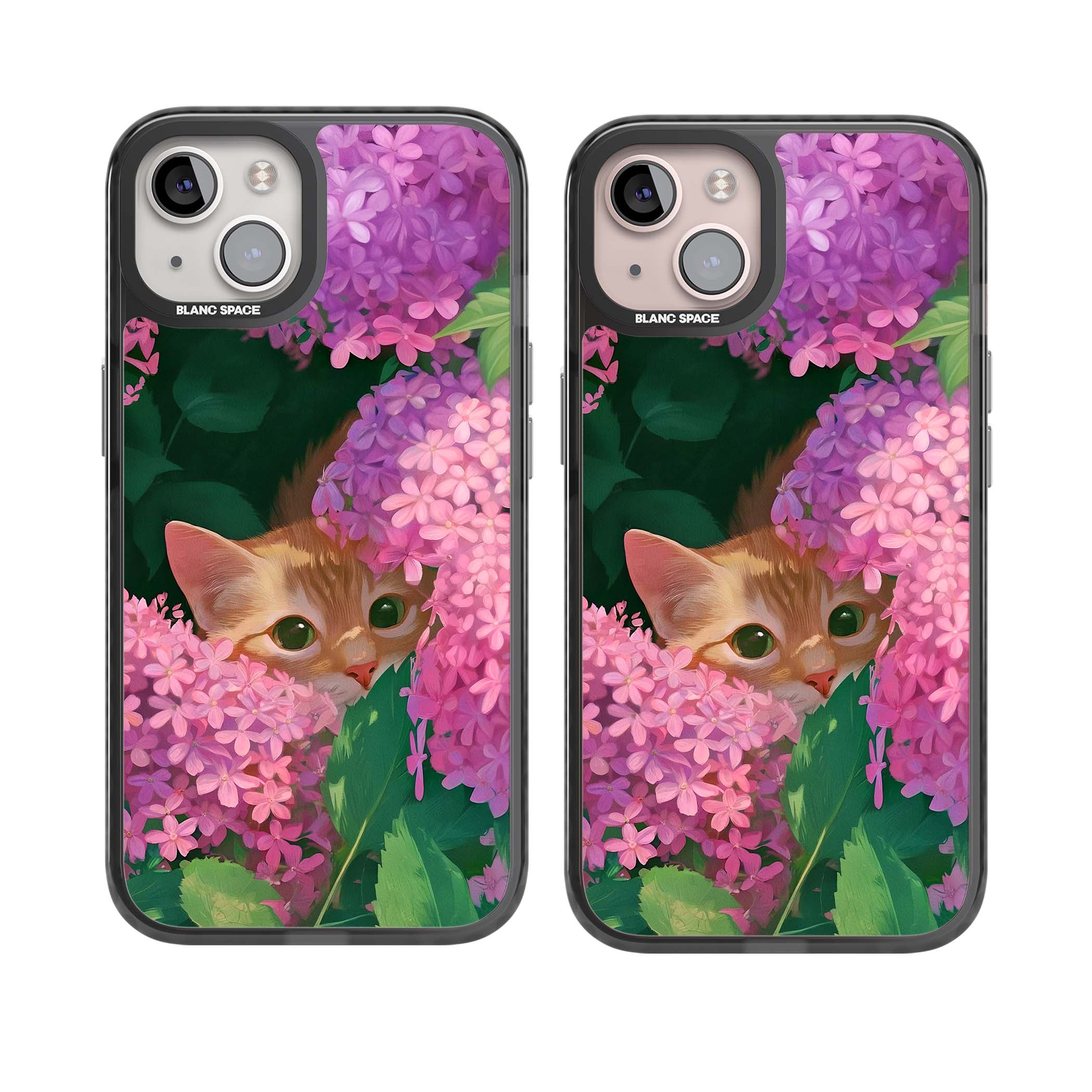 Cat In Pink Flowers cottagecore iPhone case featuring a ginger kitten peeking through lilac and pink hydrangea flo | Black Impact Magsafe case for iPhone 13, iPhone 14, iPhone 15
