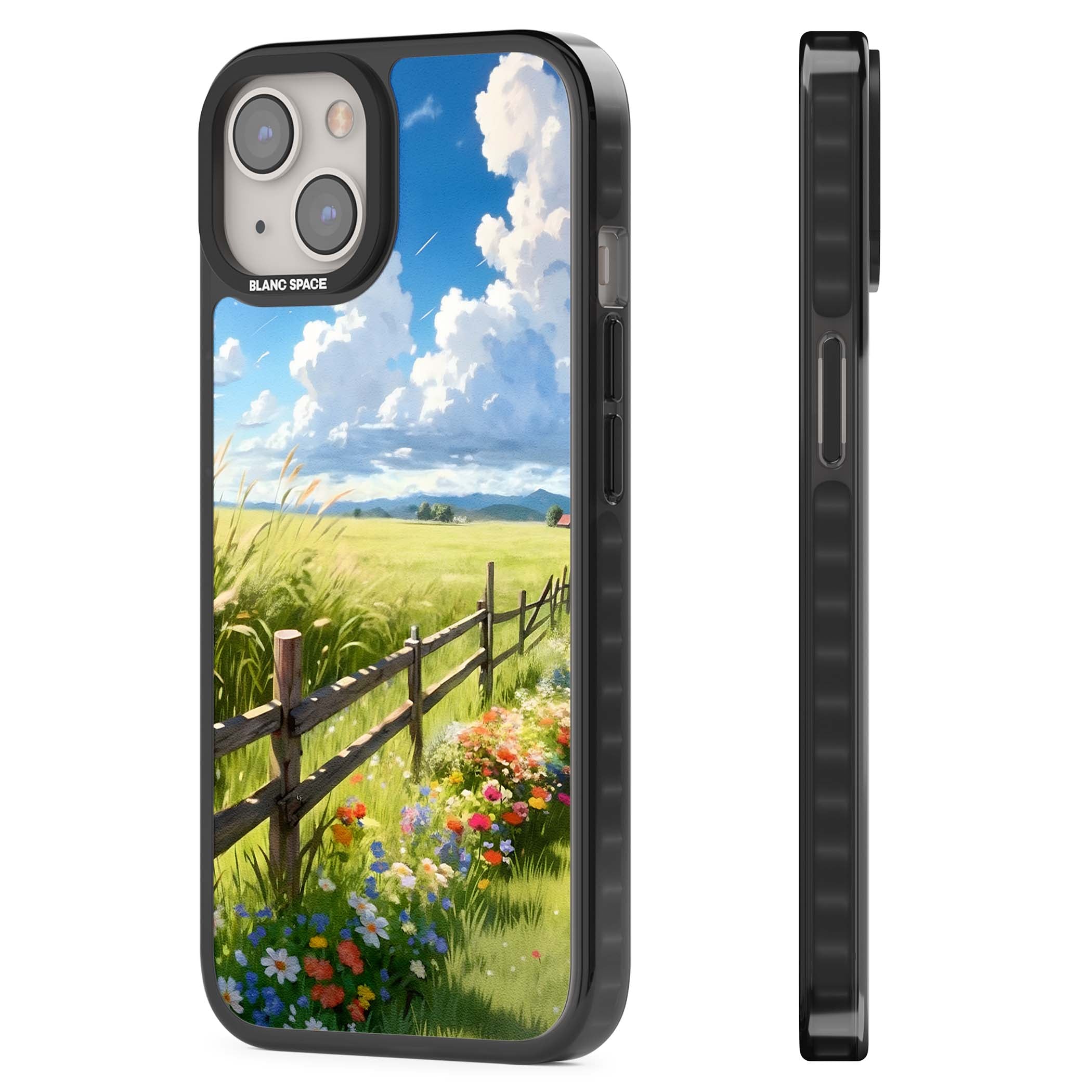 A Countryside Afternoon cottagecore iPhone case featuring a painted countryside meadow, wooden fence, and wildflowers beneath | Black Impact Magsafe case for iPhone 13, iPhone 14, iPhone 15