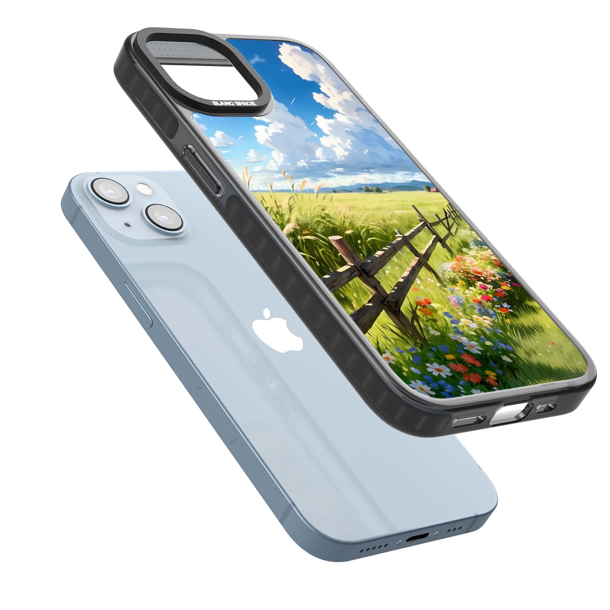 A Countryside Afternoon cottagecore iPhone case featuring a painted countryside meadow, wooden fence, and wildflowers beneath | Black Impact Magsafe case for iPhone 13, iPhone 14, iPhone 15