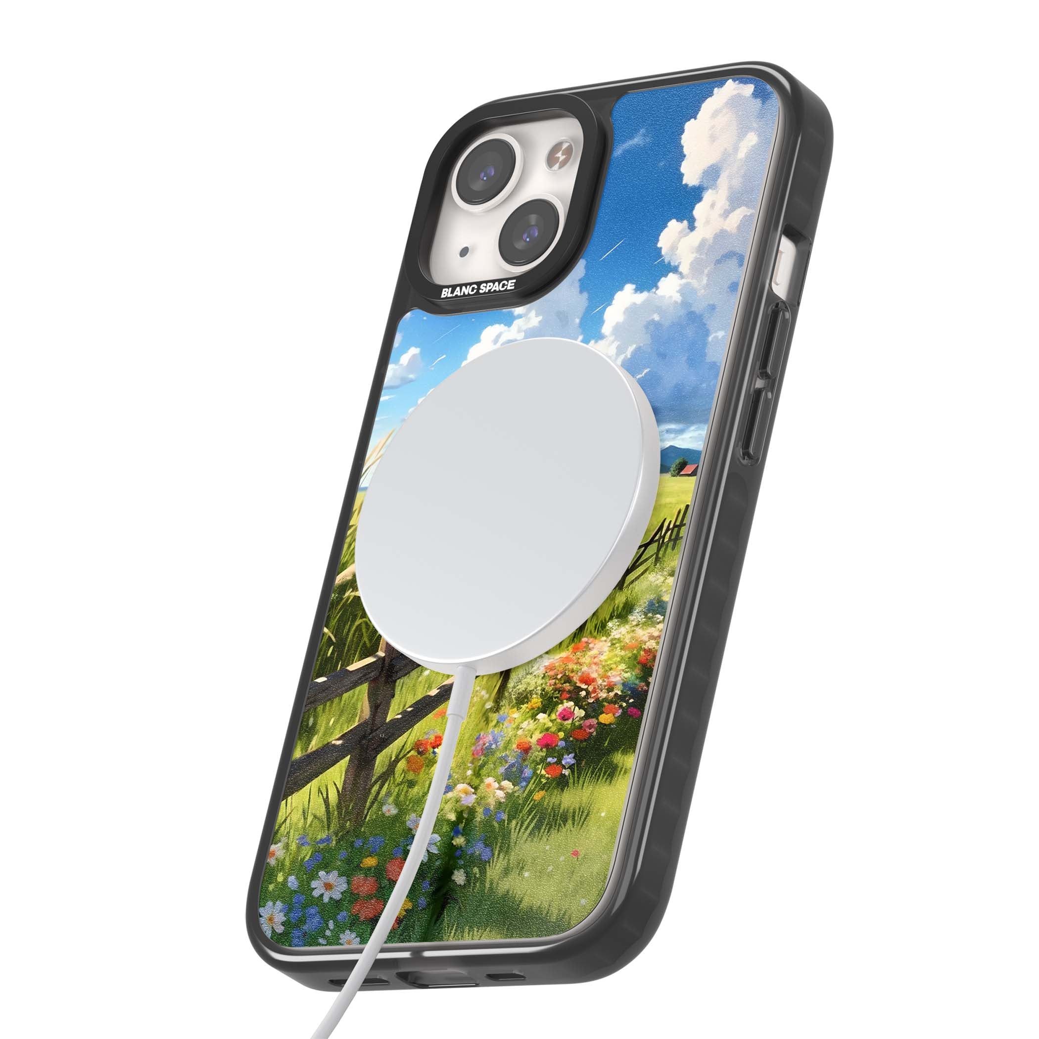 A Countryside Afternoon cottagecore iPhone case featuring a painted countryside meadow, wooden fence, and wildflowers beneath | Black Impact Magsafe case for iPhone 13, iPhone 14, iPhone 15