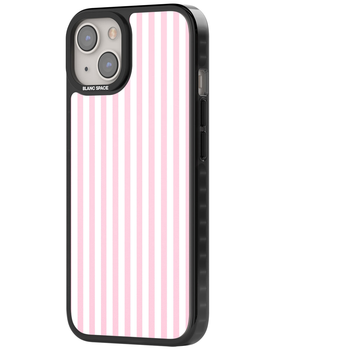 Pink Stripe preppy iPhone case featuring soft pastel pink and white vertical candy stripes iPhone 12 / 12 Pro / iPhone 12 / iPhone 12 Pro / iPhone 13 / iPhone 14 / iPhone 14 Plus / iPhone 15 / iPhone 15 Plus Impact Pro Black Phone Case side