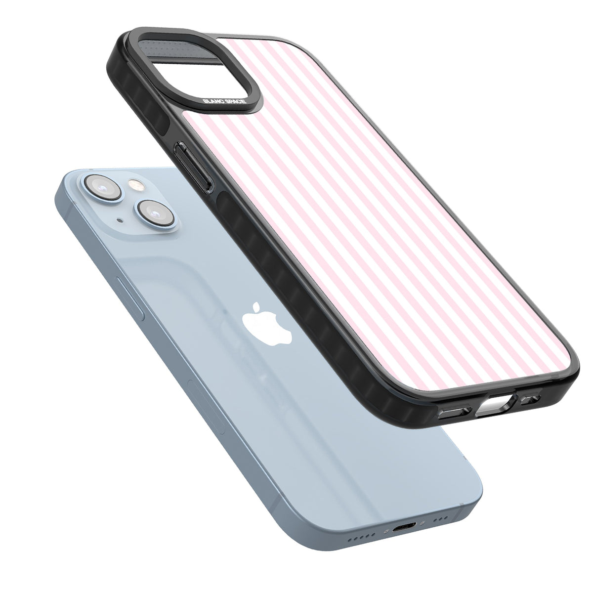 Pink Stripe preppy iPhone case featuring soft pastel pink and white vertical candy stripes iPhone 12 / 12 Pro / iPhone 12 / iPhone 12 Pro / iPhone 13 / iPhone 14 / iPhone 14 Plus / iPhone 15 / iPhone 15 Plus Impact Pro Black Phone Case angled