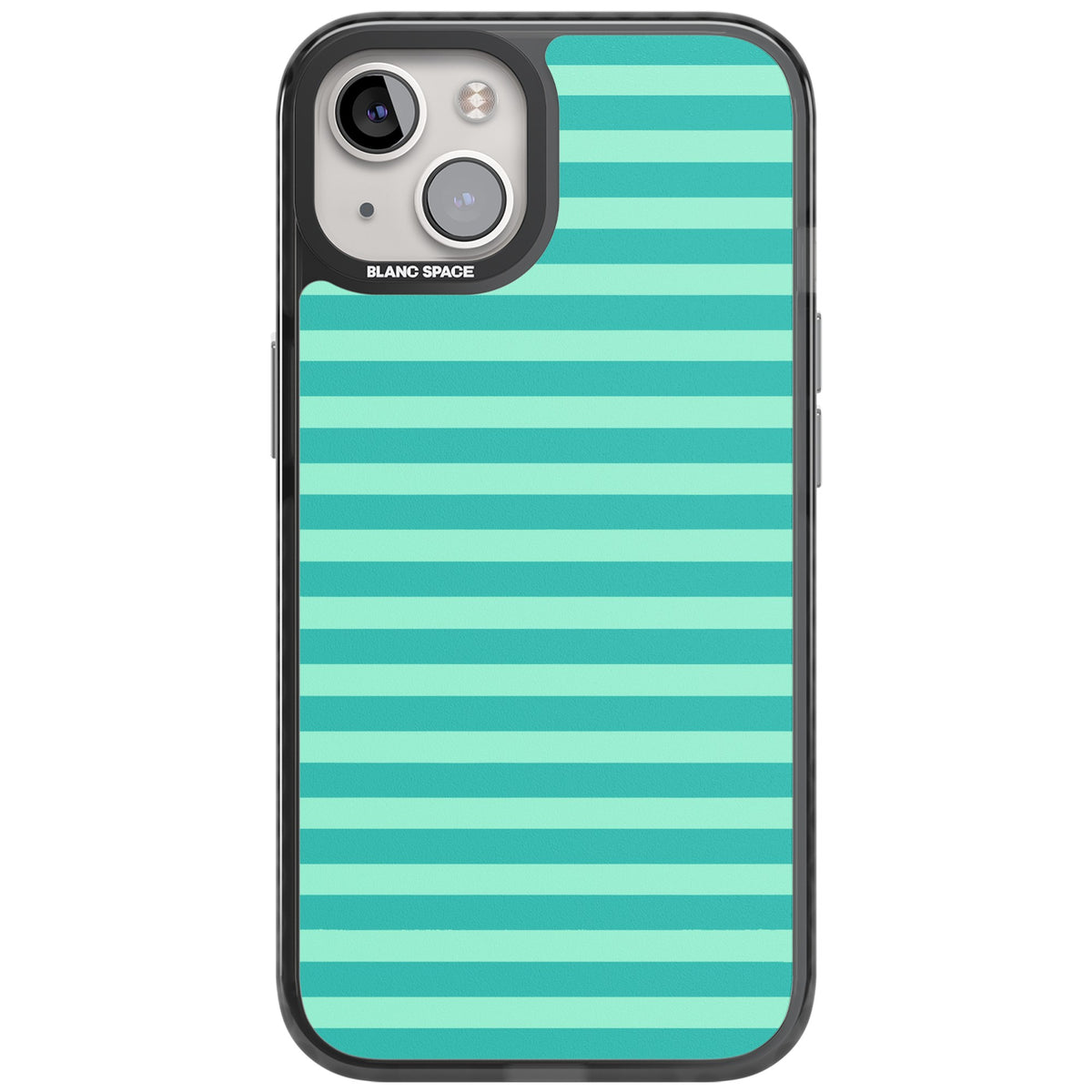 Turquoise Stripe preppy iPhone case featuring horizontal teal and mint green stripes on a black protective frame iPhone 12 / 12 Pro / iPhone 12 / iPhone 12 Pro / iPhone 13 / iPhone 14 / iPhone 14 Plus / iPhone 15 / iPhone 15 Plus Impact Pro Black Phone Case front