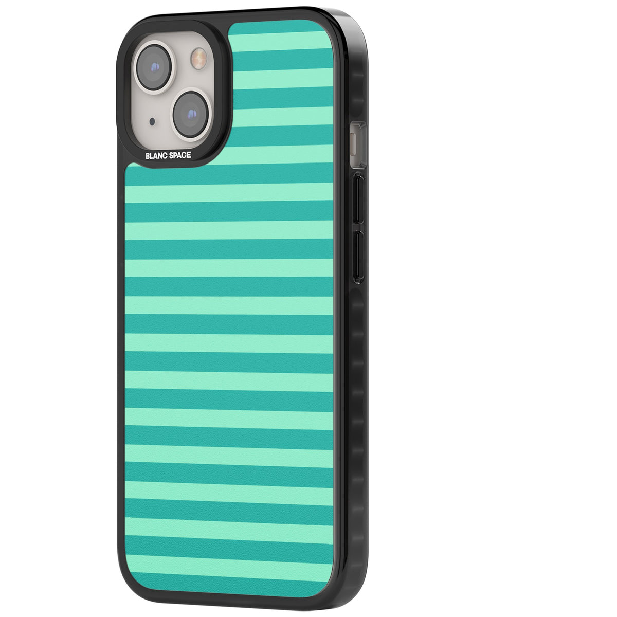 Turquoise Stripe preppy iPhone case featuring horizontal teal and mint green stripes on a black protective frame iPhone 12 / 12 Pro / iPhone 12 / iPhone 12 Pro / iPhone 13 / iPhone 14 / iPhone 14 Plus / iPhone 15 / iPhone 15 Plus Impact Pro Black Phone Case side