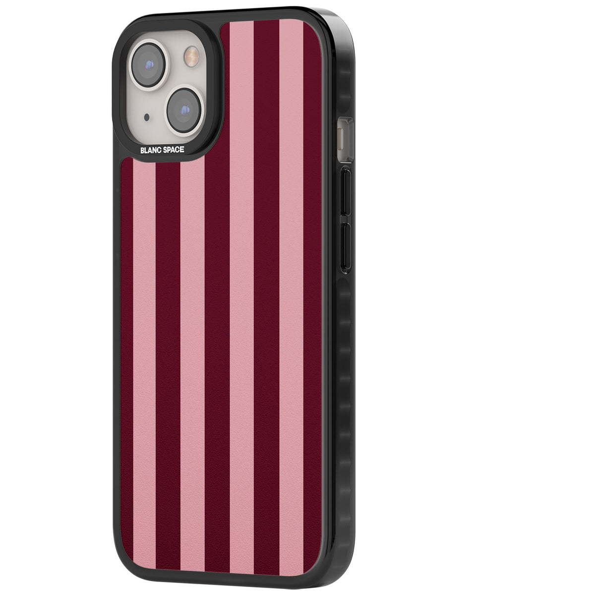 Bordeaux Belle preppy iPhone case featuring bold vertical stripes in burgundy and soft blush pink iPhone 12 / 12 Pro / iPhone 12 / iPhone 12 Pro / iPhone 13 / iPhone 14 / iPhone 14 Plus / iPhone 15 / iPhone 15 Plus Impact Pro Black Phone Case side