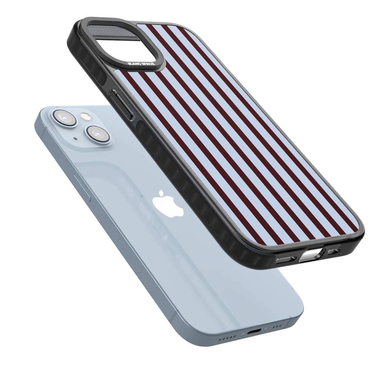Blackcurrant Stripe preppy iPhone case featuring vertical burgundy and light blue stripes in a classic pinstripe layout iPhone 12 / 12 Pro / iPhone 12 / iPhone 12 Pro / iPhone 13 / iPhone 14 / iPhone 14 Plus / iPhone 15 / iPhone 15 Plus Impact Pro Black Phone Case angled