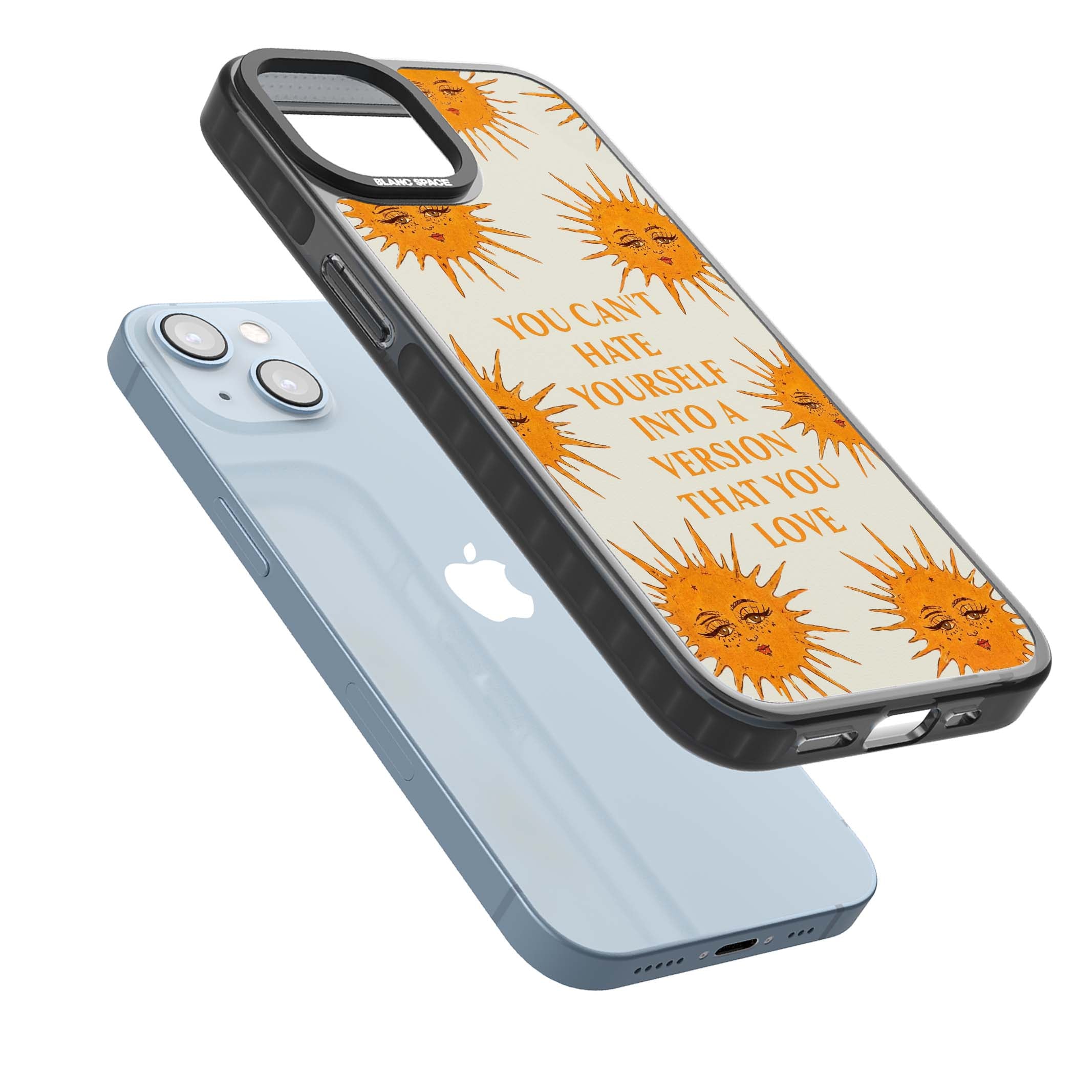 Don't Hate Yourself celestial iPhone case featuring vintage sun faces, ochre rays and a self-love quote | Black Impact Magsafe case for iPhone 13, iPhone 14, iPhone 15