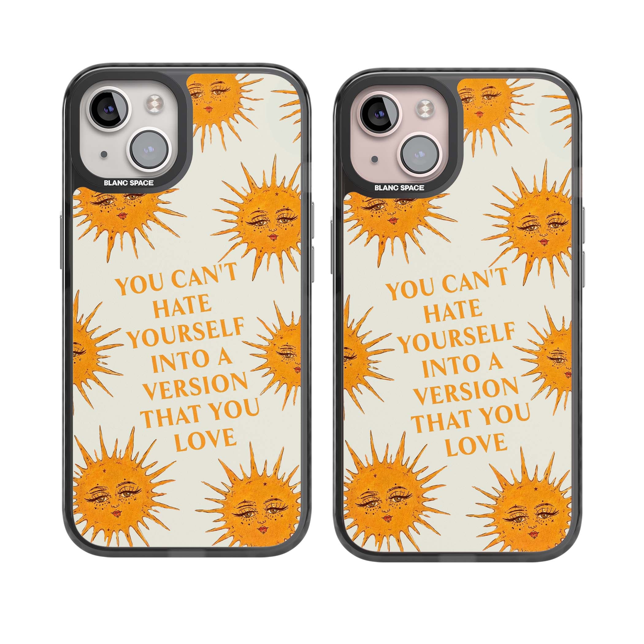 Don't Hate Yourself celestial iPhone case featuring vintage sun faces, ochre rays and a self-love quote | Black Impact Magsafe case for iPhone 13, iPhone 14, iPhone 15