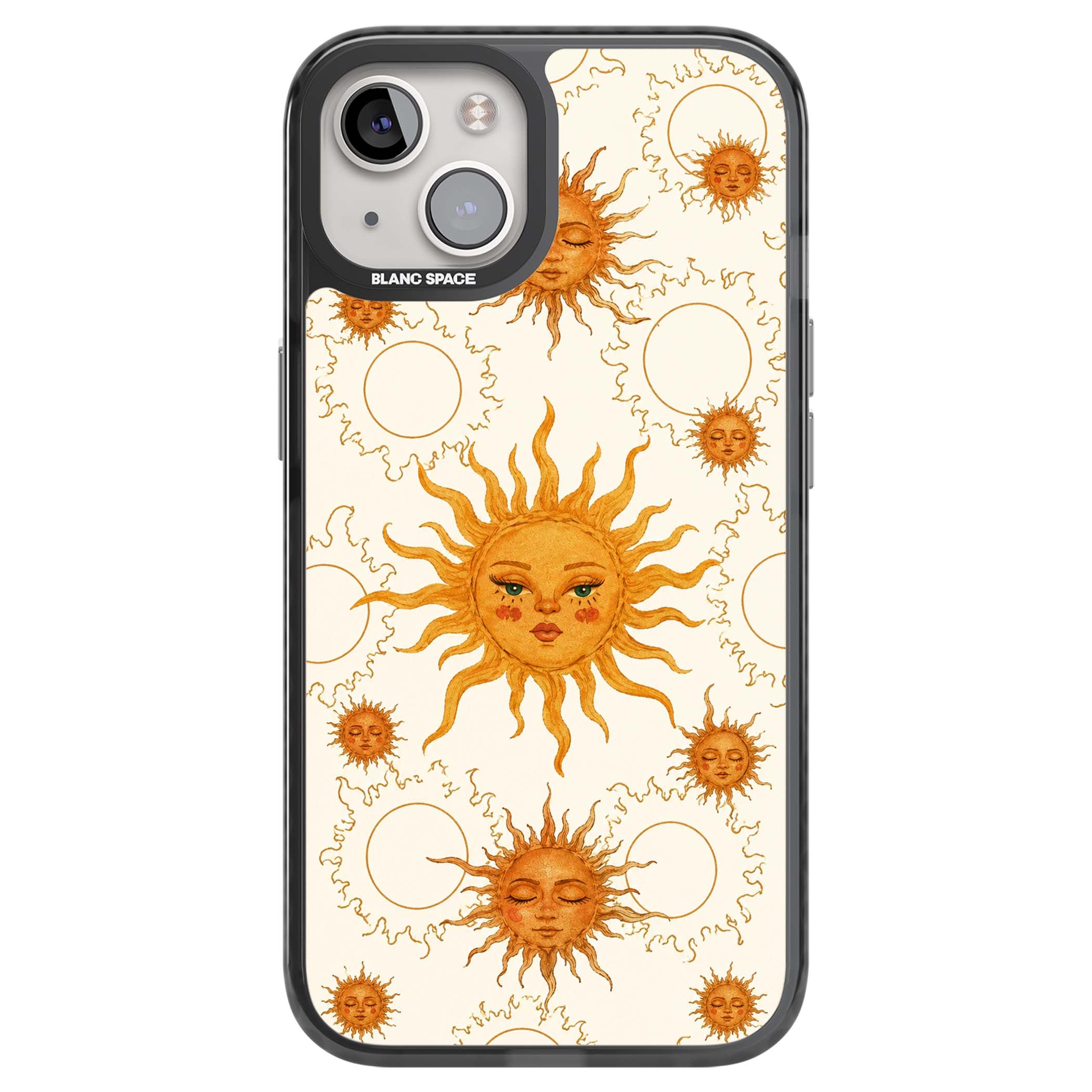 Solstice Muse celestial iPhone case featuring hand-painted golden sun faces, closed-eye sun goddesses and outlined moons... | Black Impact Magsafe case for iPhone 13, iPhone 14, iPhone 15