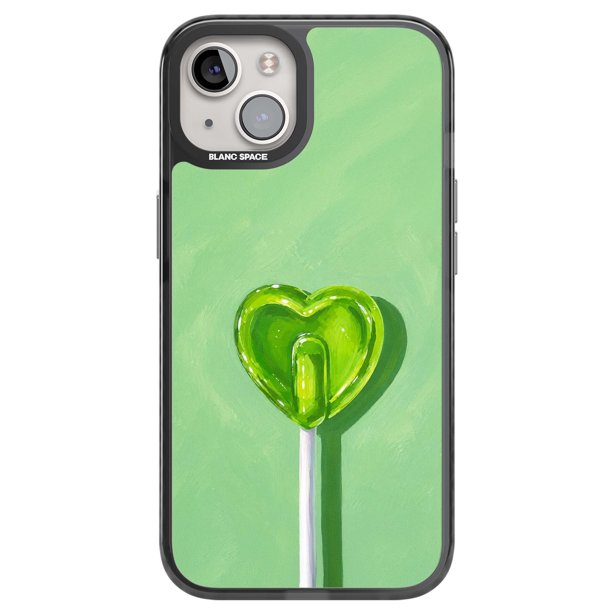 Green Lollipop candy art iPhone case featuring a glossy green heart-shaped lollipop on a painted pastel green background | Black Impact Magsafe case for iPhone 13, iPhone 14, iPhone 15