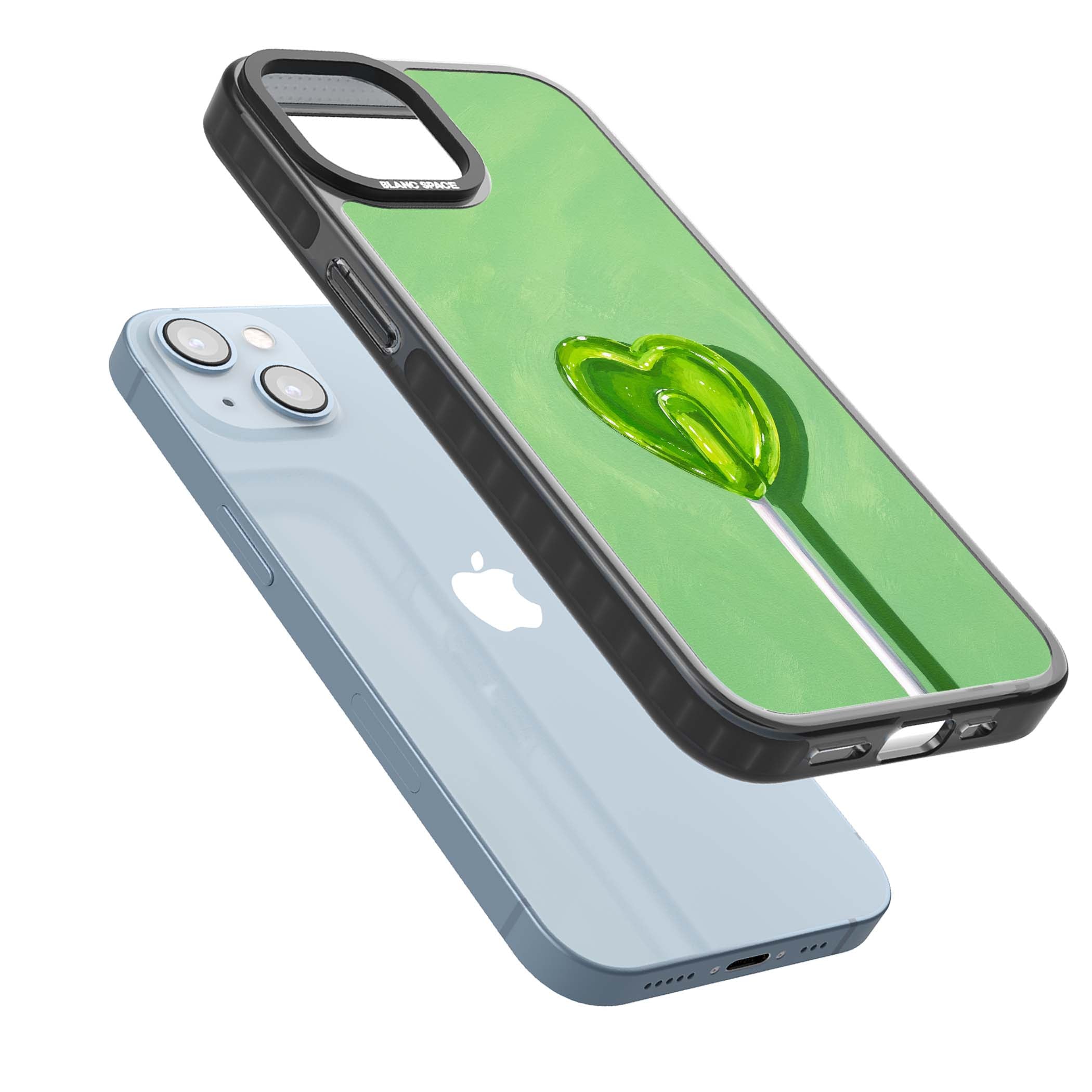 Green Lollipop candy art iPhone case featuring a glossy green heart-shaped lollipop on a painted pastel green background | Black Impact Magsafe case for iPhone 13, iPhone 14, iPhone 15