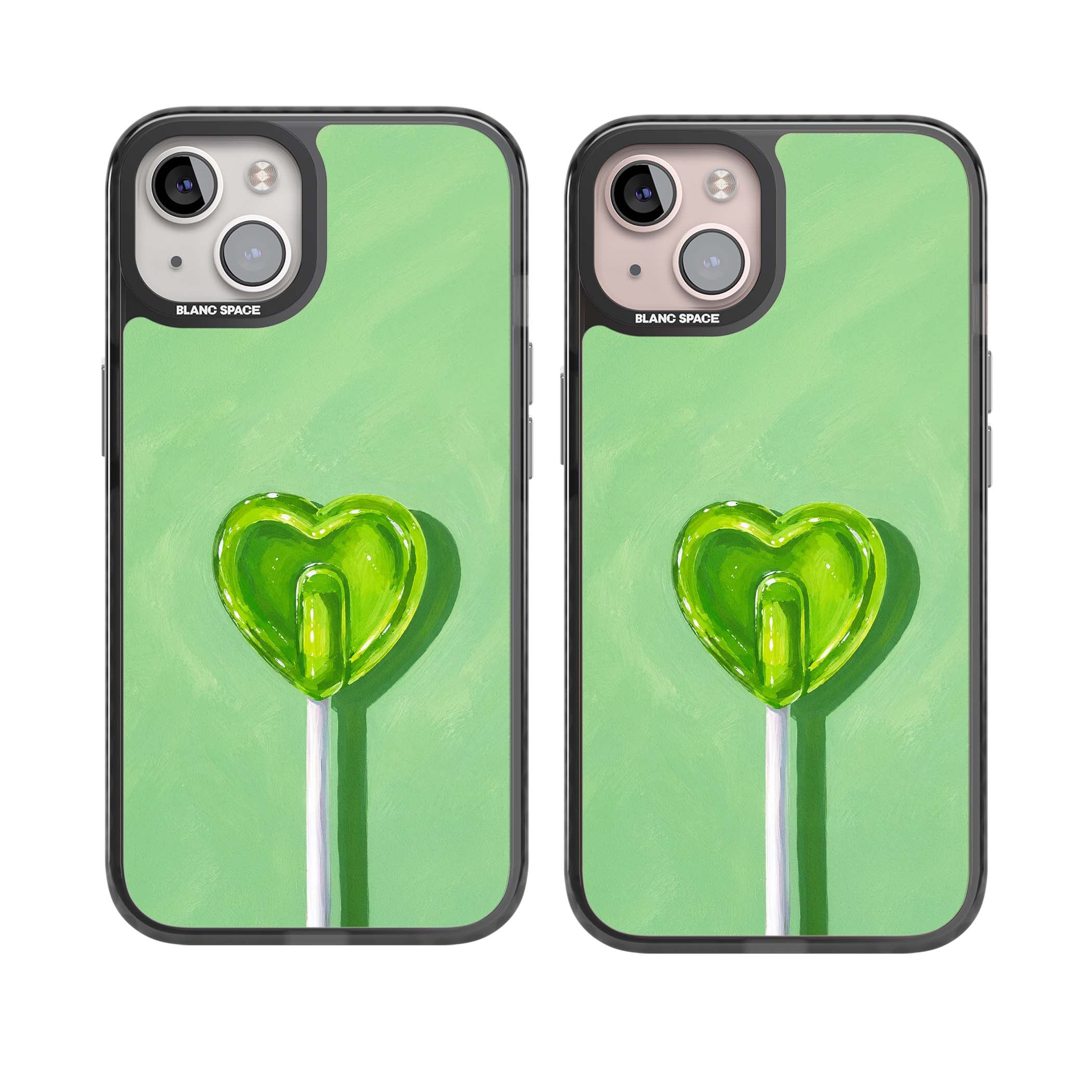 Green Lollipop candy art iPhone case featuring a glossy green heart-shaped lollipop on a painted pastel green background | Black Impact Magsafe case for iPhone 13, iPhone 14, iPhone 15