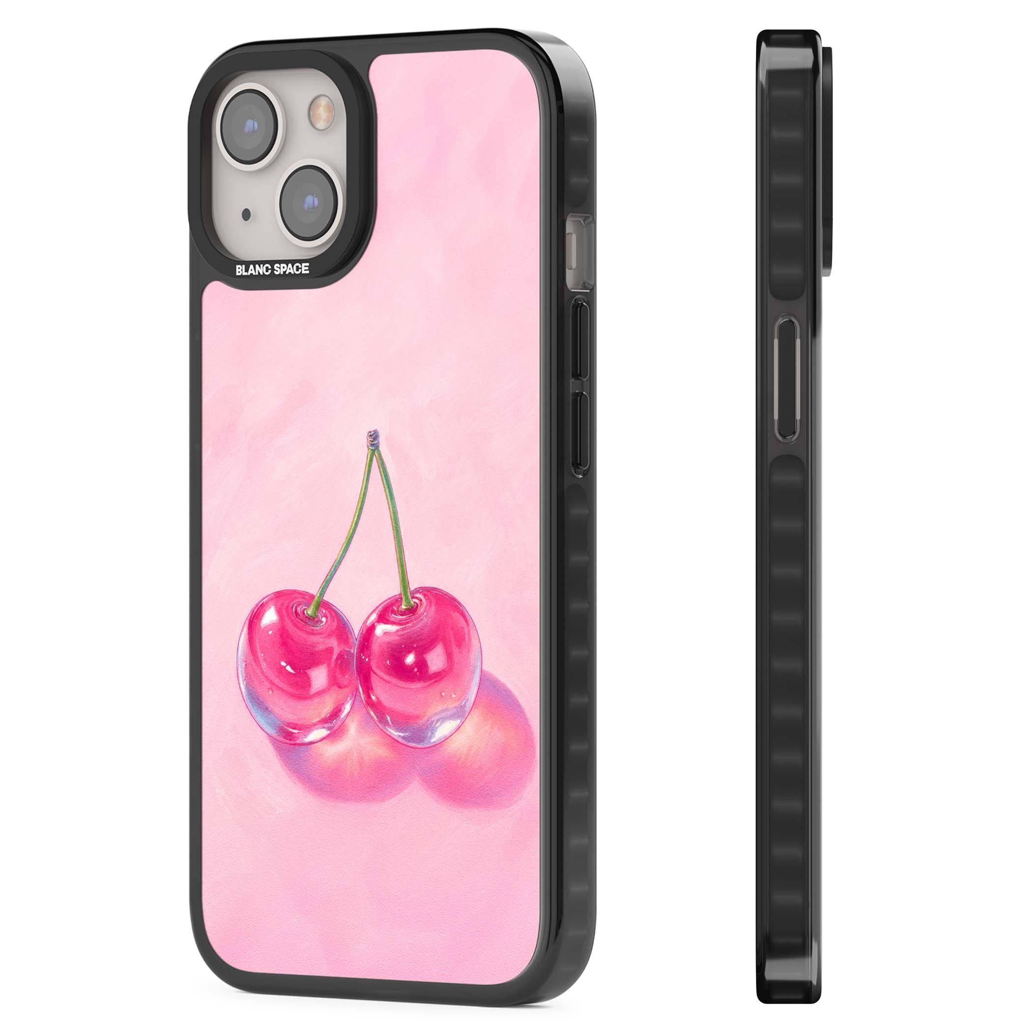 Pink Glass Cherry coquette iPhone case featuring two glossy painted cherries on a soft pink background | Black Impact Magsafe case for iPhone 13, iPhone 14, iPhone 15