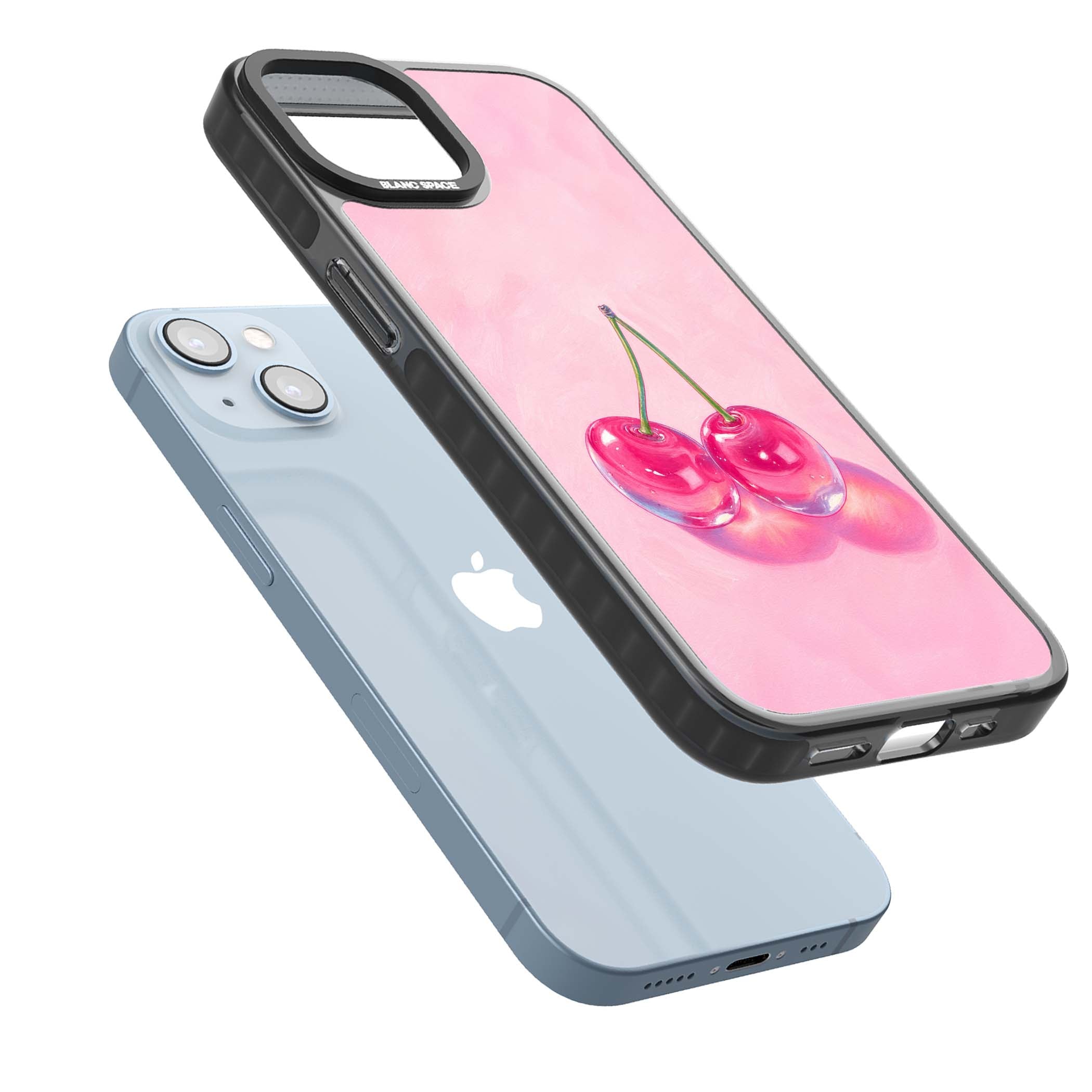 Pink Glass Cherry coquette iPhone case featuring two glossy painted cherries on a soft pink background | Black Impact Magsafe case for iPhone 13, iPhone 14, iPhone 15