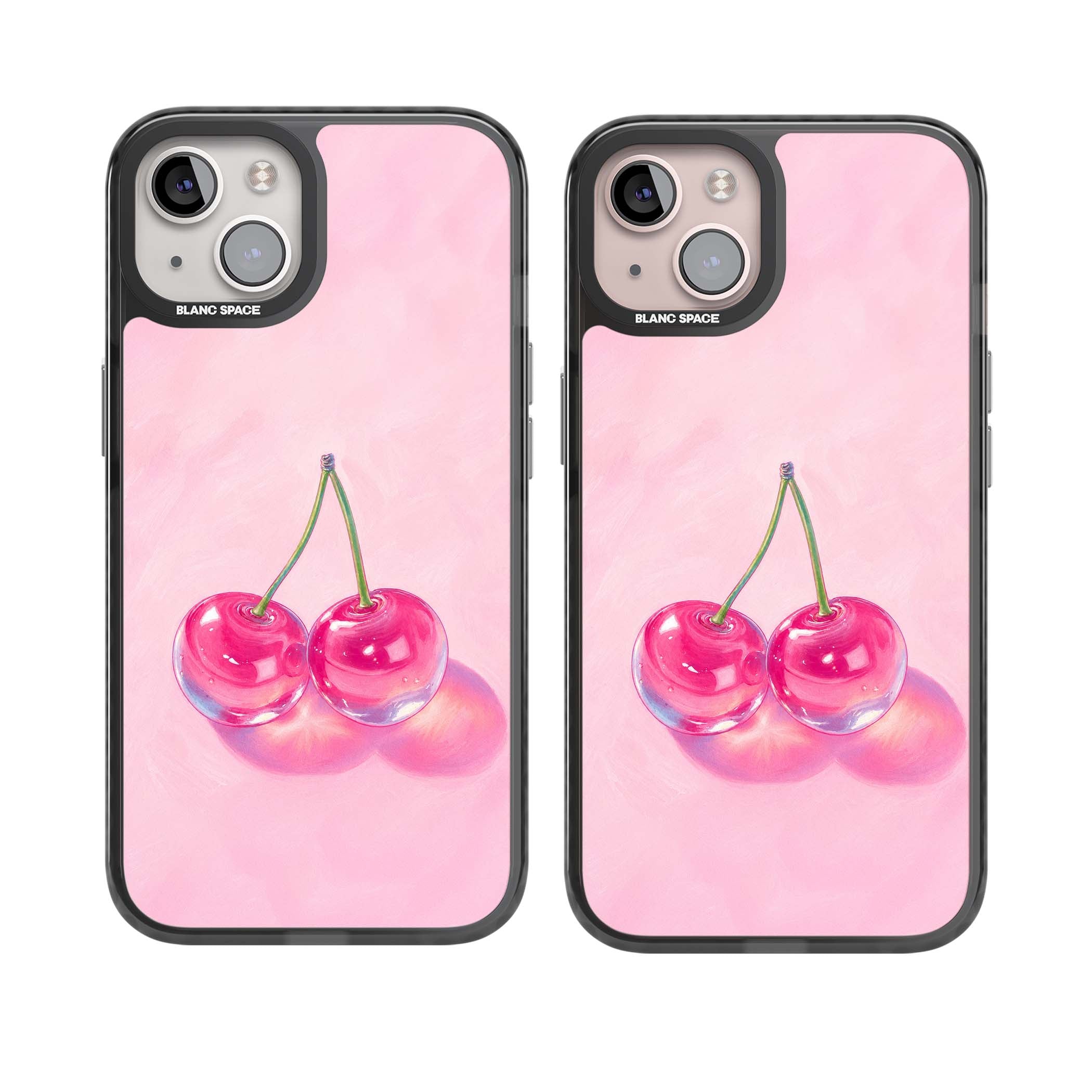 Pink Glass Cherry coquette iPhone case featuring two glossy painted cherries on a soft pink background | Black Impact Magsafe case for iPhone 13, iPhone 14, iPhone 15