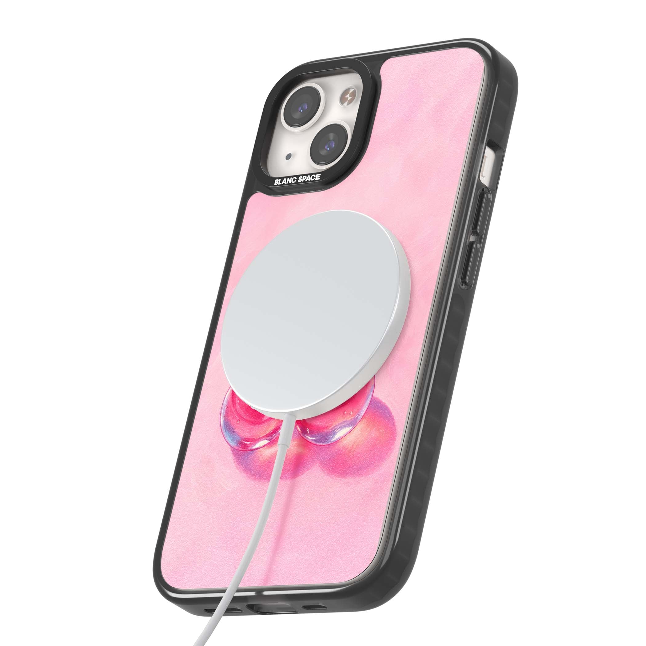 Pink Glass Cherry coquette iPhone case featuring two glossy painted cherries on a soft pink background | Black Impact Magsafe case for iPhone 13, iPhone 14, iPhone 15